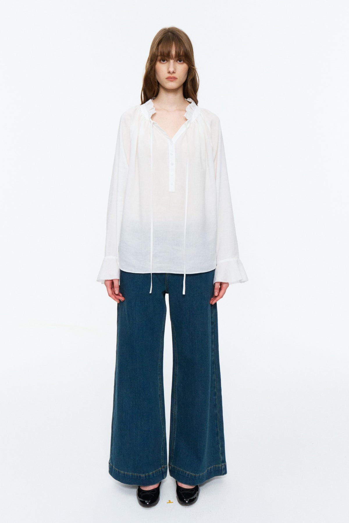 Lyocell-Ramie Tie-Neck Shirt White