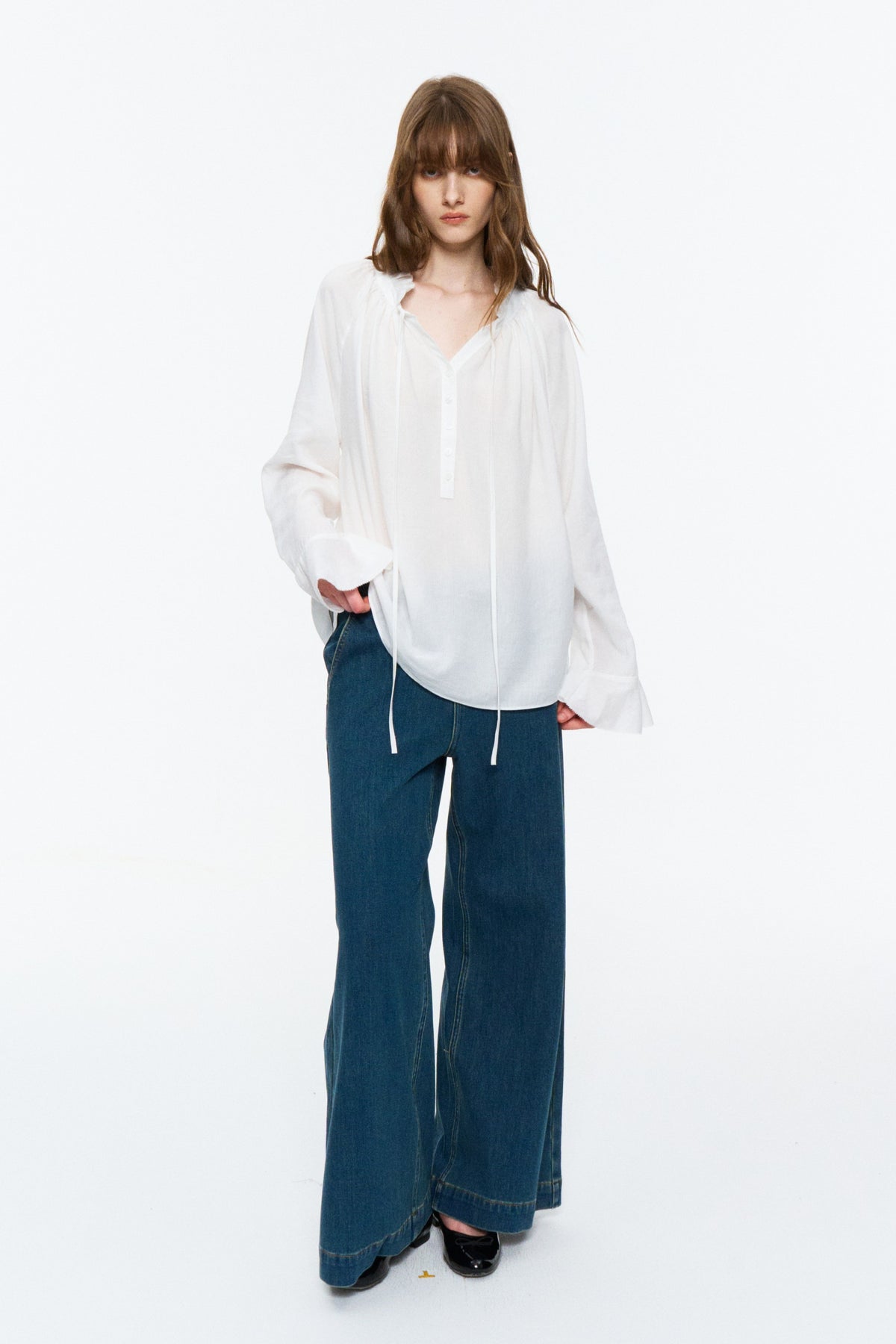 Lyocell-Ramie Tie-Neck Shirt White