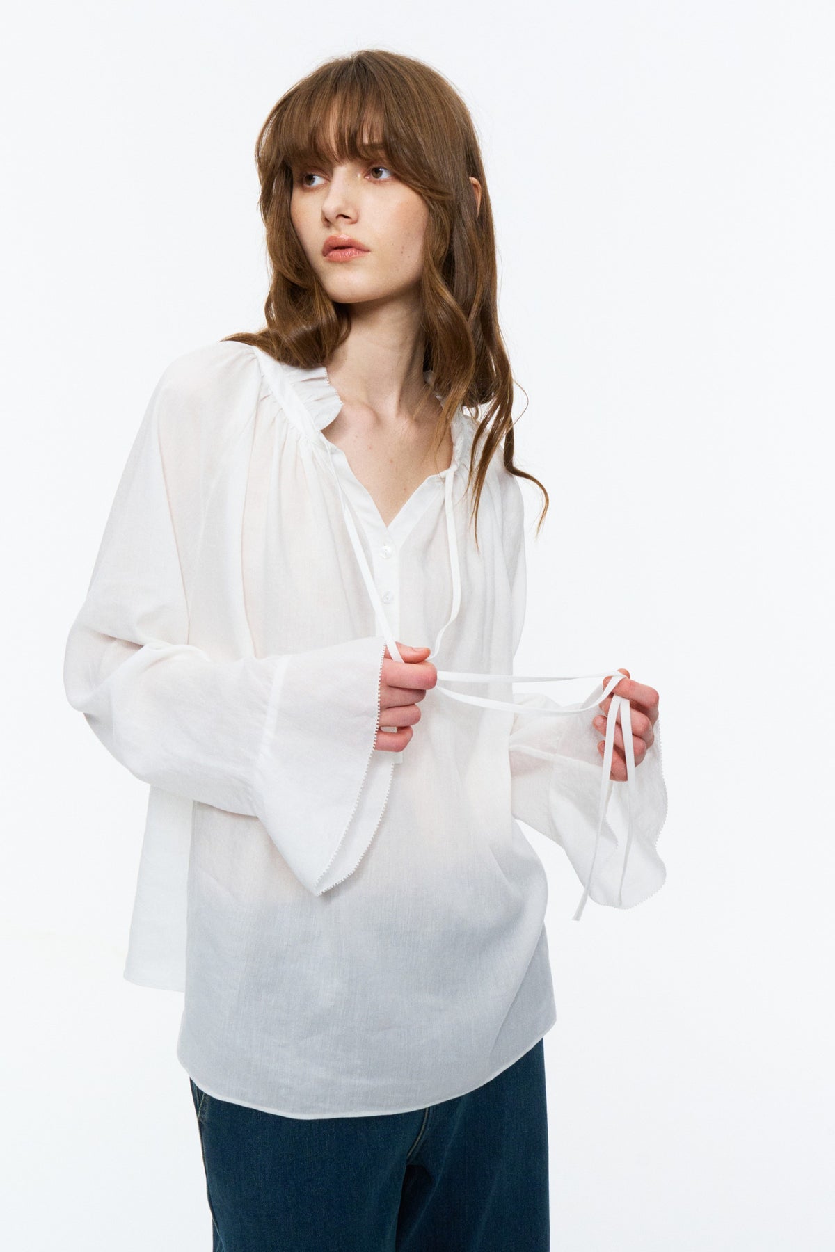 Lyocell-Ramie Tie-Neck Shirt White