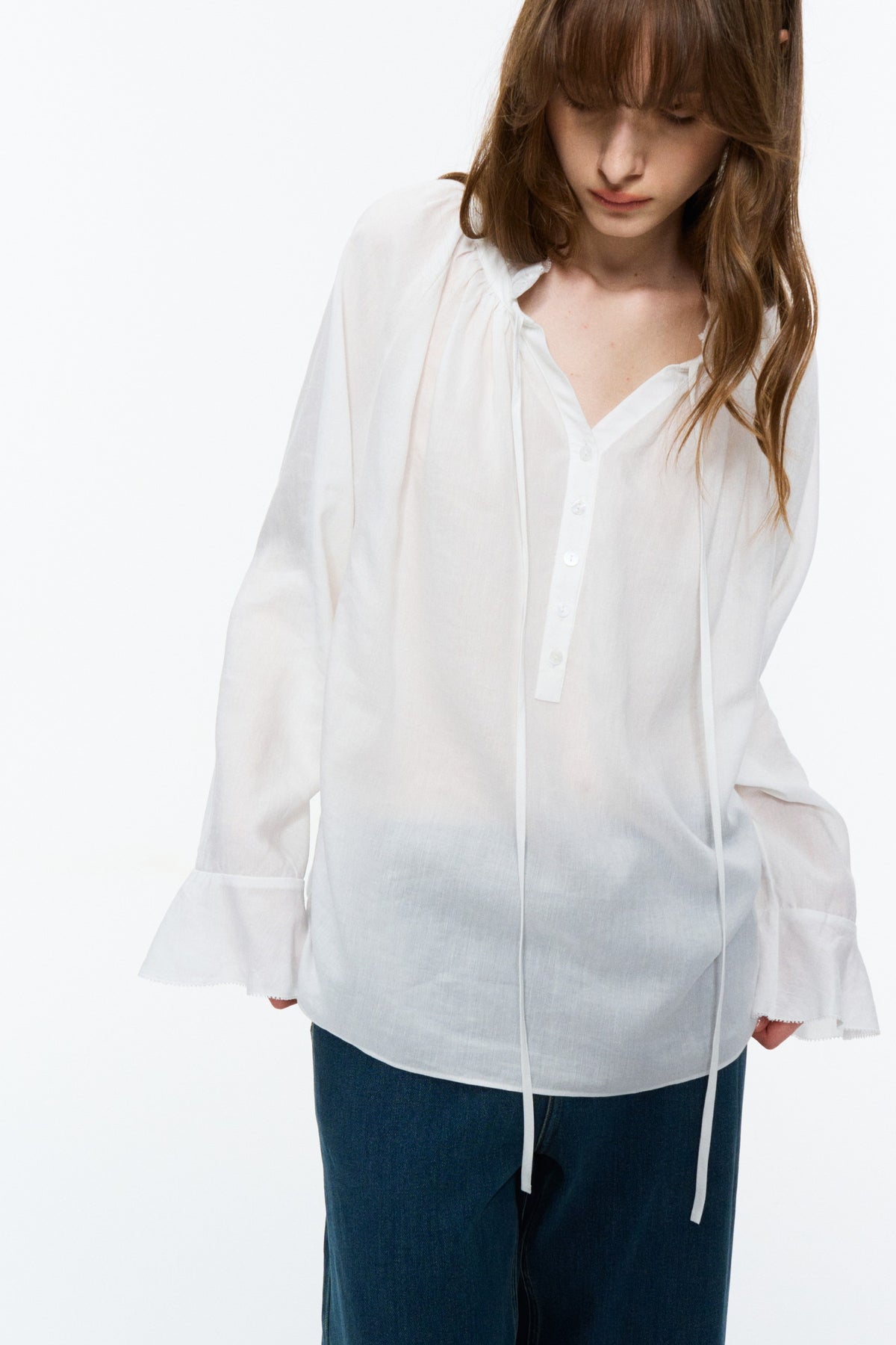 Lyocell-Ramie Tie-Neck Shirt White