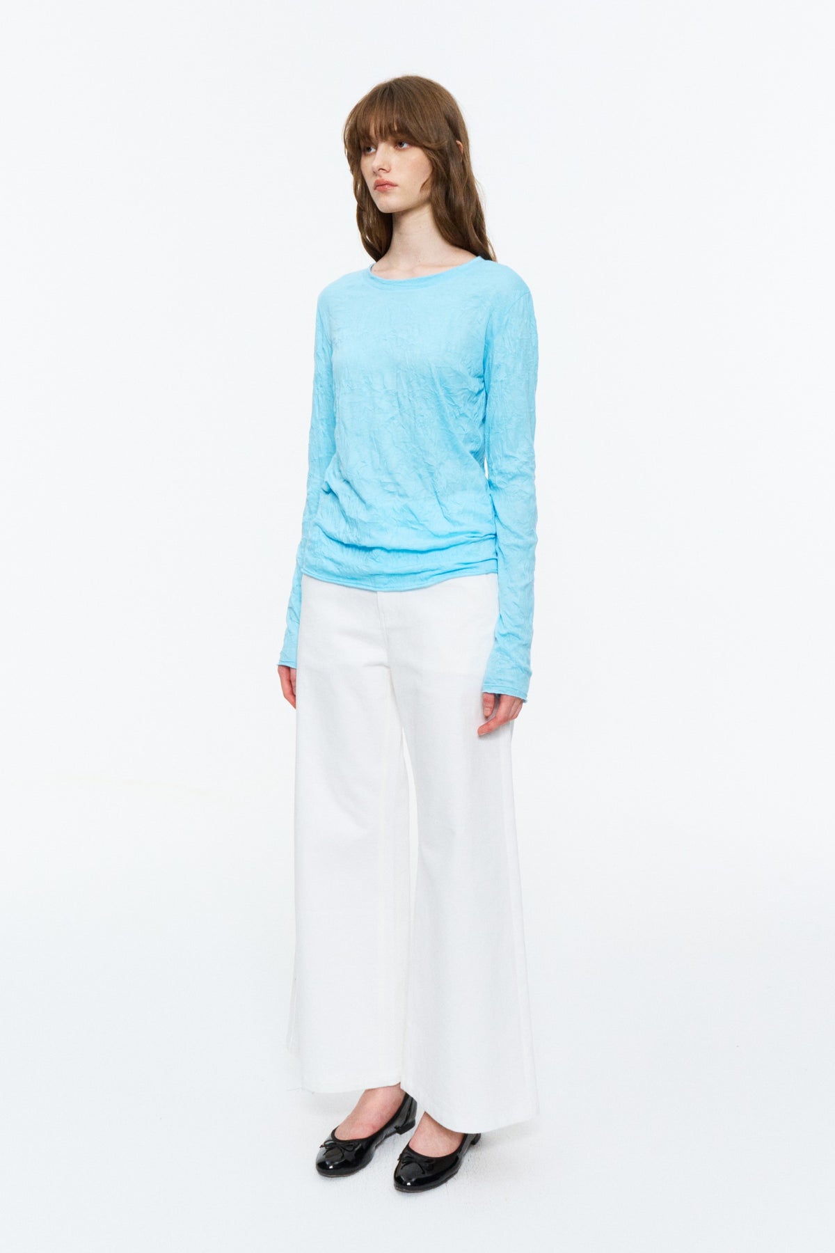 Crinkled Raw-Edge Long-Sleeve Tee Sky Blue