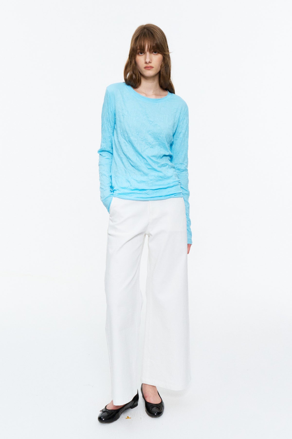 Crinkled Raw-Edge Long-Sleeve Tee Sky Blue