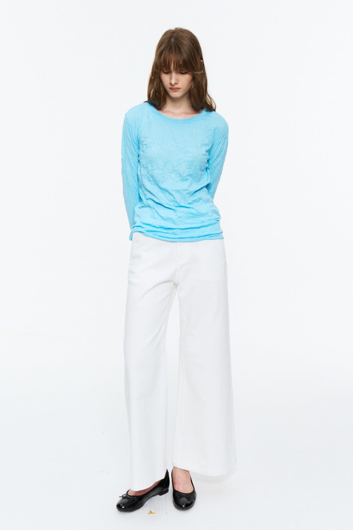 Crinkled Raw-Edge Long-Sleeve Tee Sky Blue
