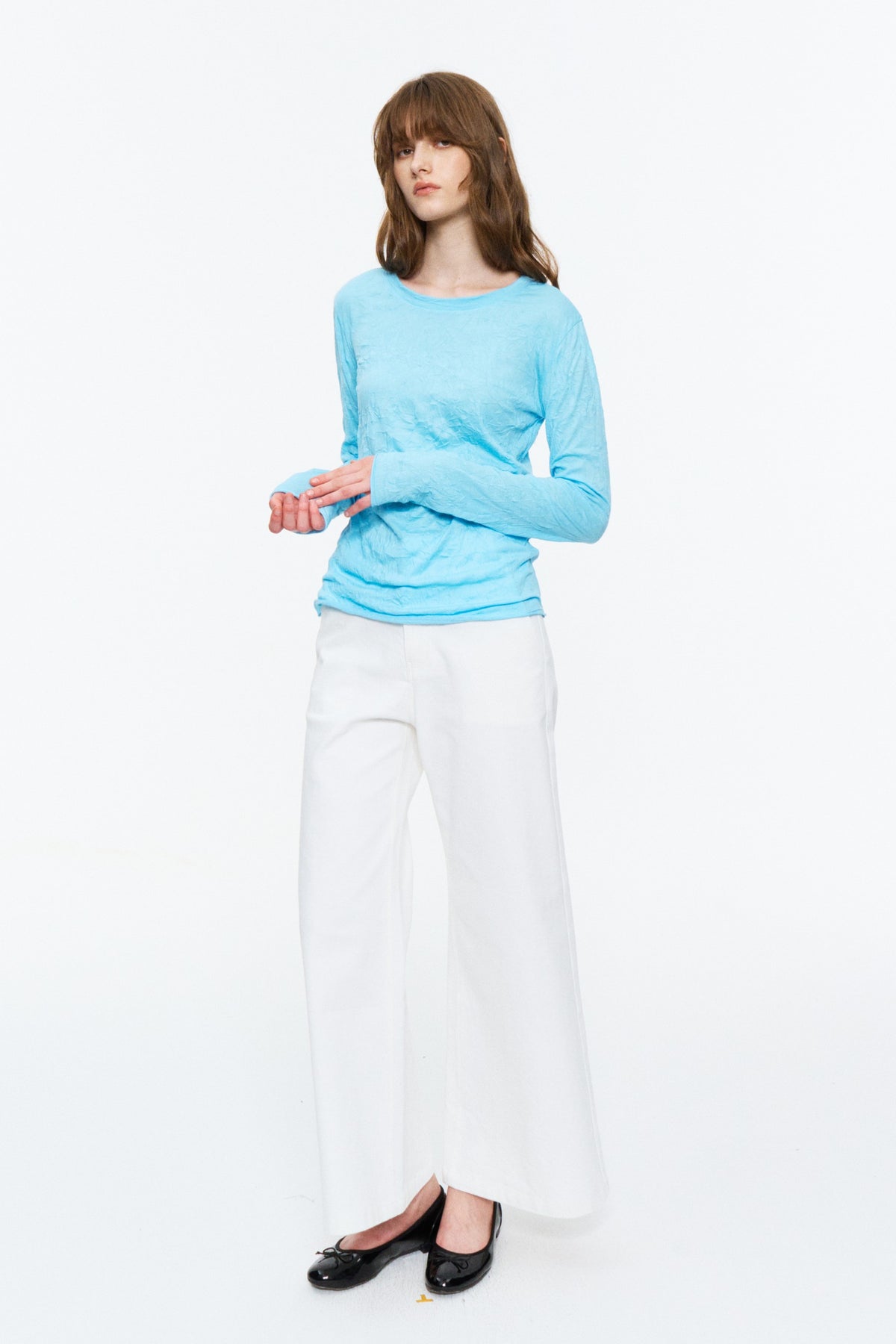 Crinkled Raw-Edge Long-Sleeve Tee Sky Blue
