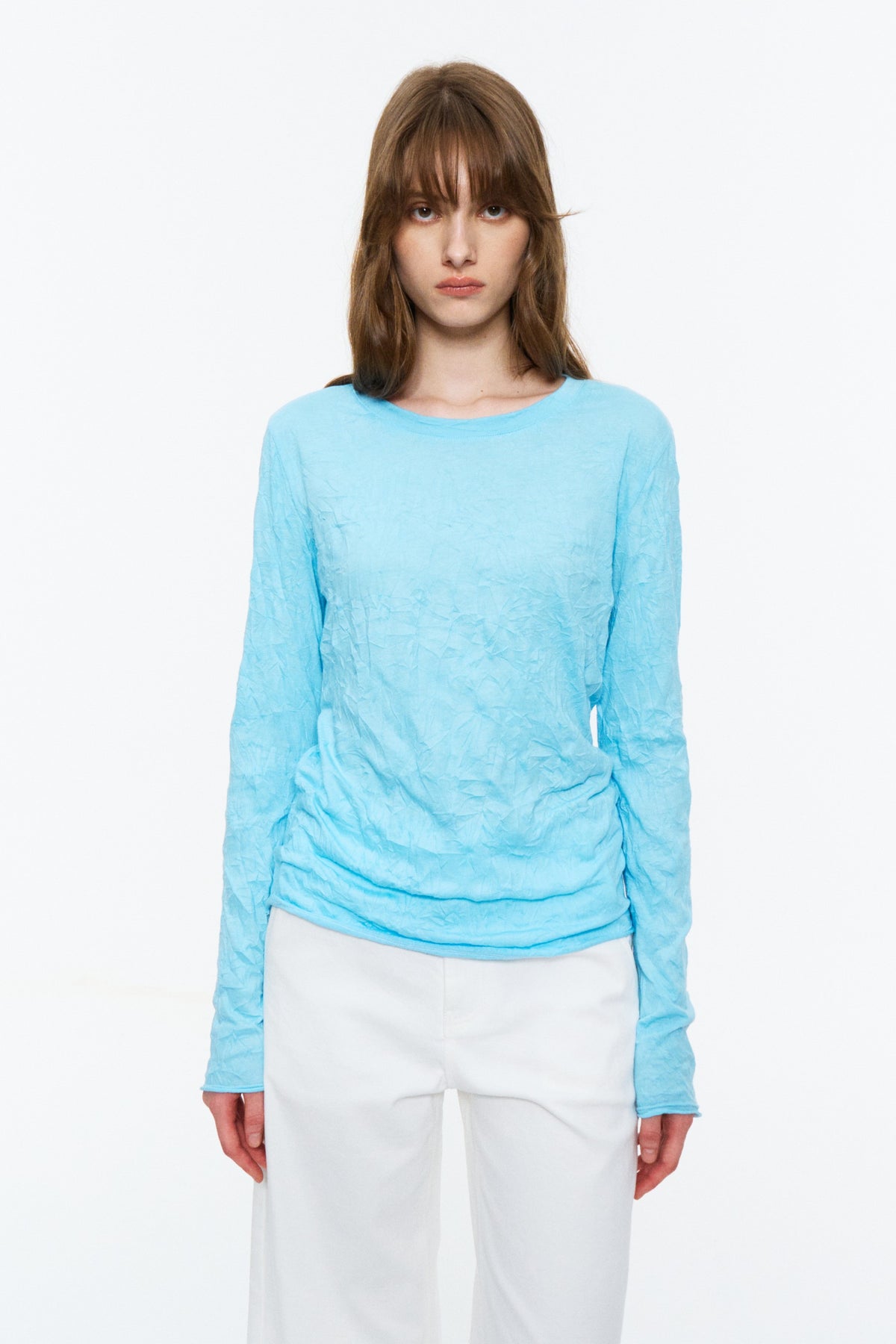 Crinkled Raw-Edge Long-Sleeve Tee Sky Blue