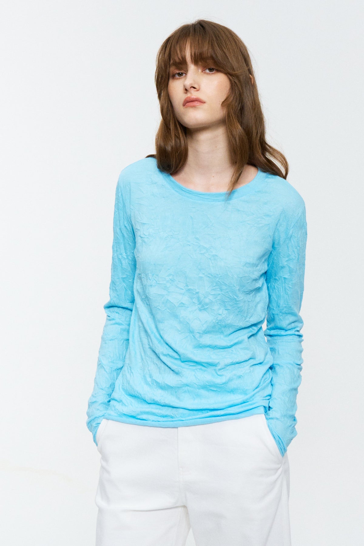 Crinkled Raw-Edge Long-Sleeve Tee Sky Blue