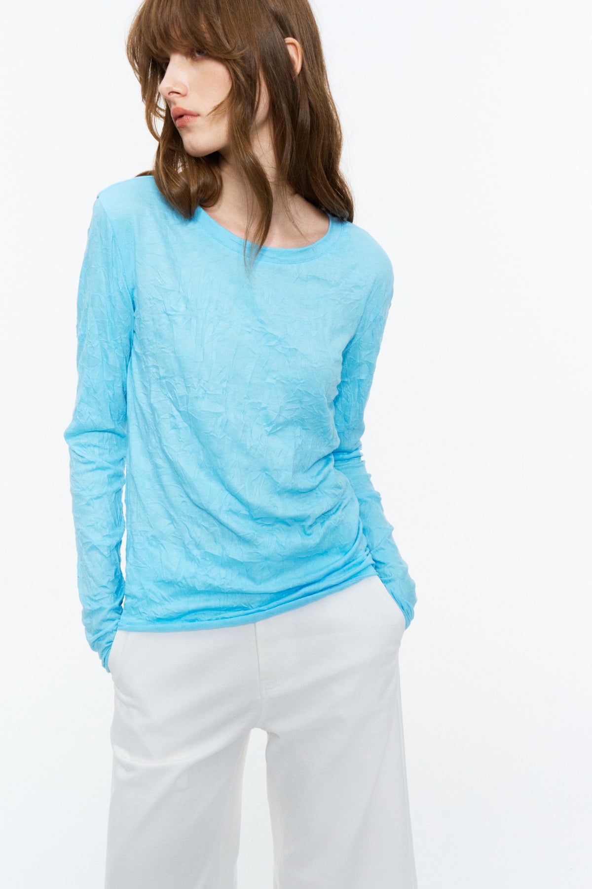 Crinkled Raw-Edge Long-Sleeve Tee Sky Blue