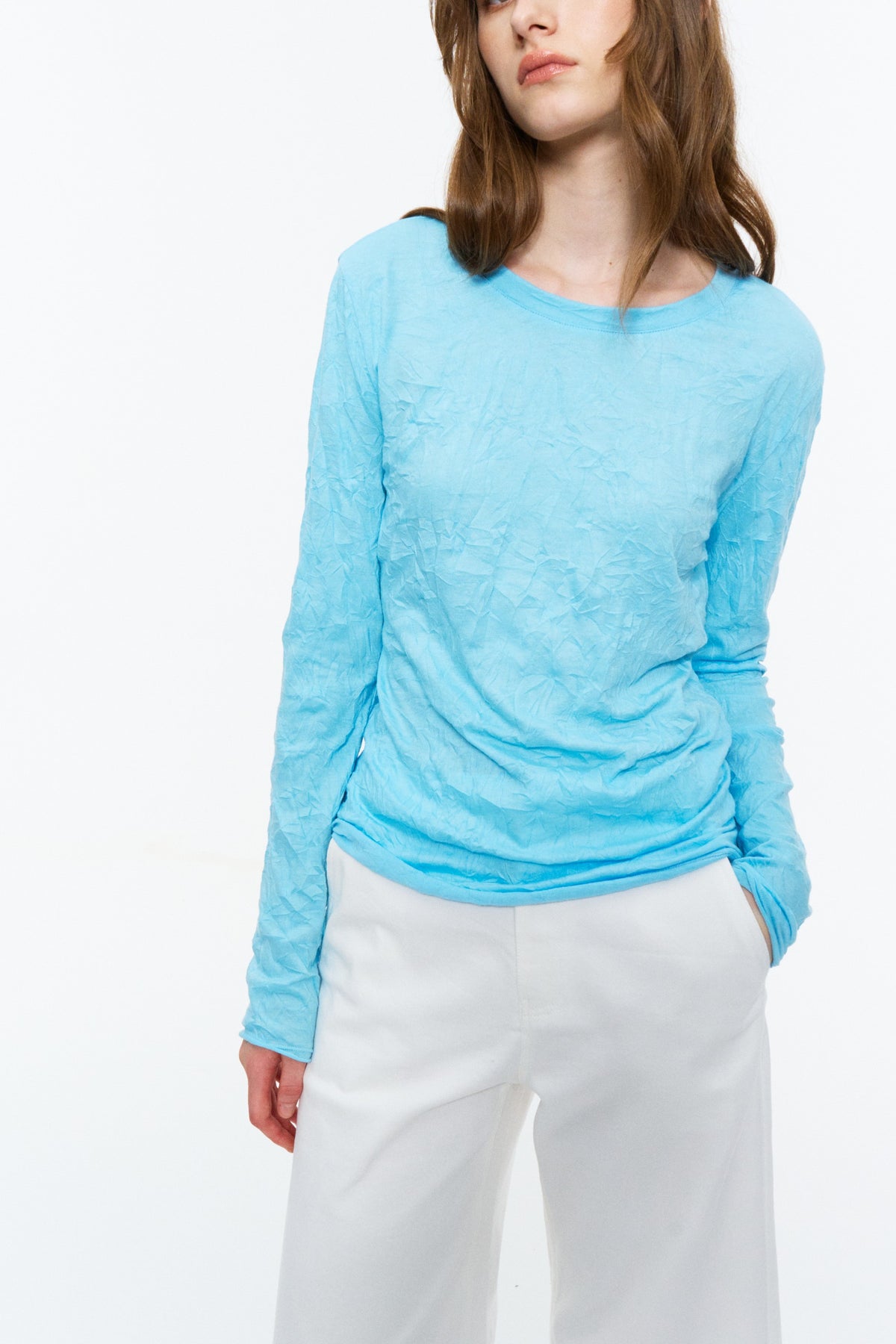 Crinkled Raw-Edge Long-Sleeve Tee Sky Blue