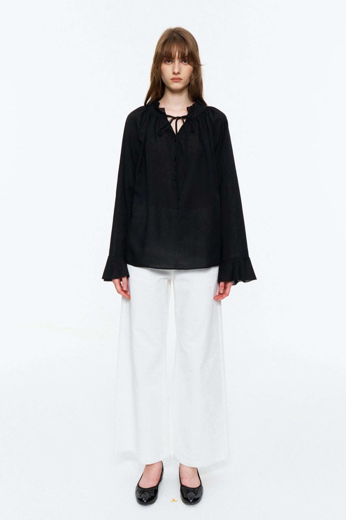 Lyocell-Ramie Tie-Neck Shirt Black