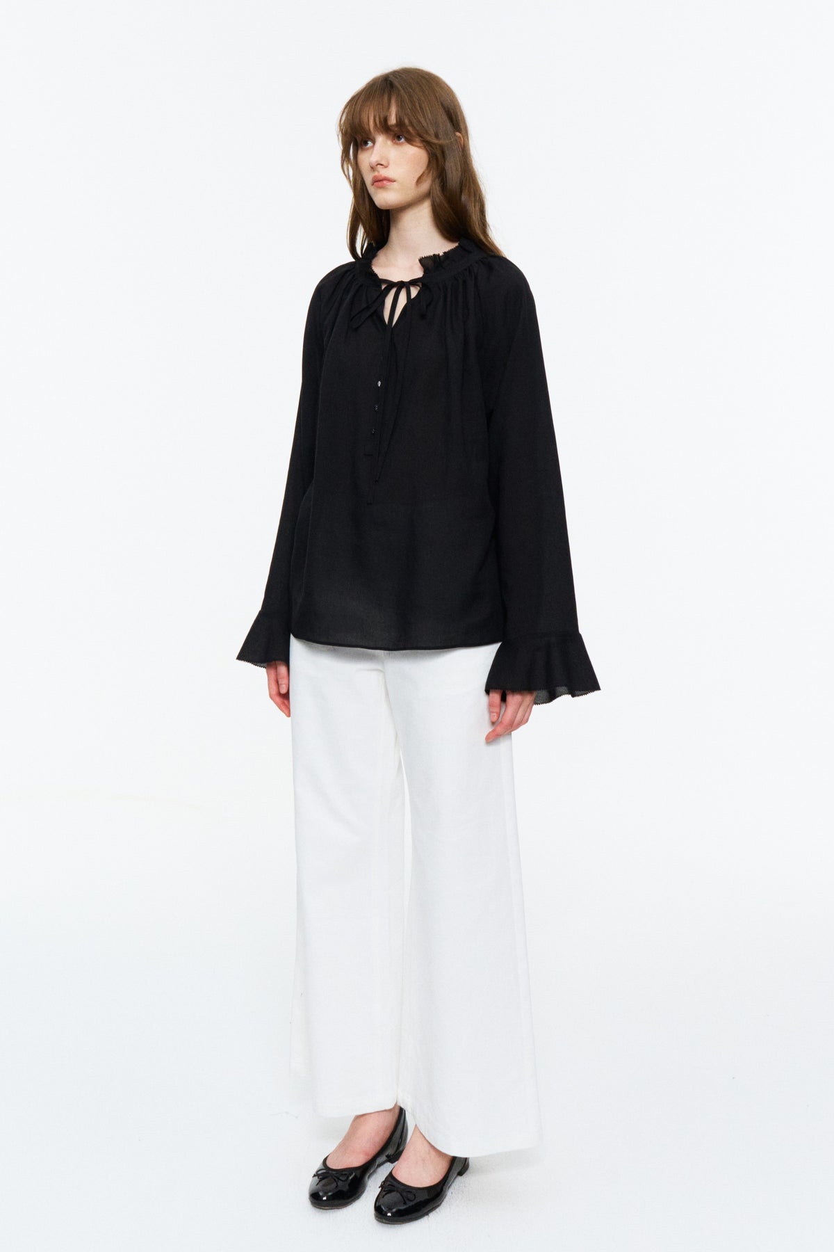 Lyocell-Ramie Tie-Neck Shirt Black