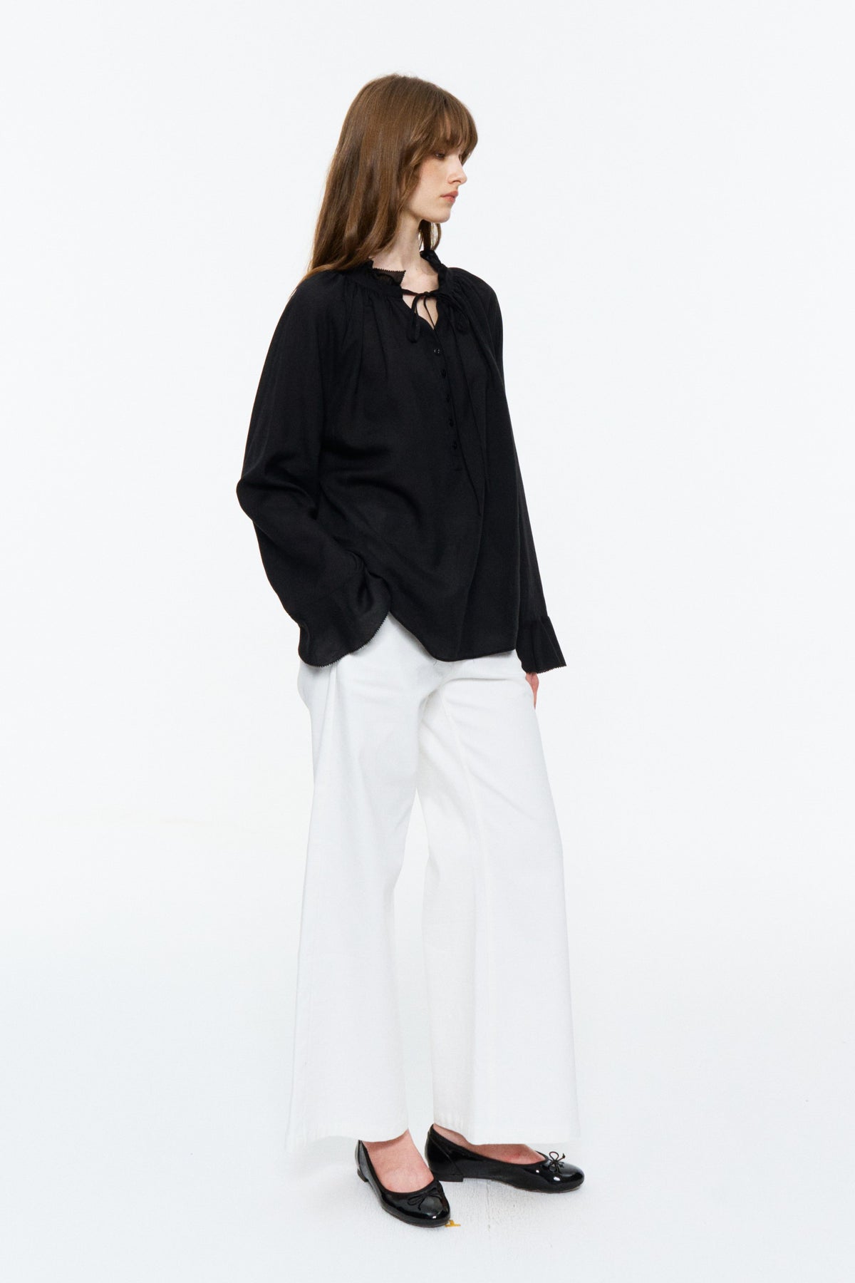 Lyocell-Ramie Tie-Neck Shirt Black