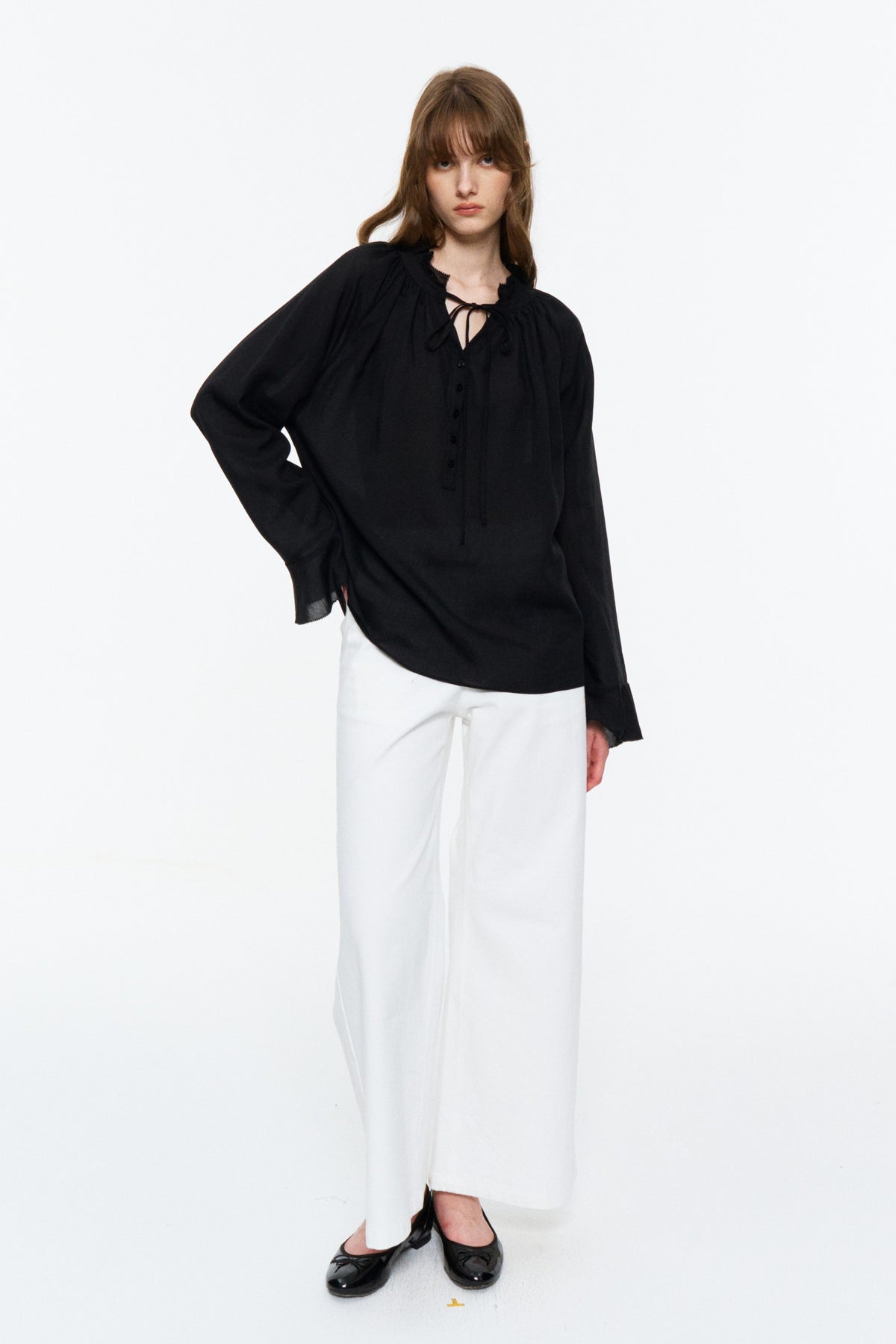 Lyocell-Ramie Tie-Neck Shirt Black