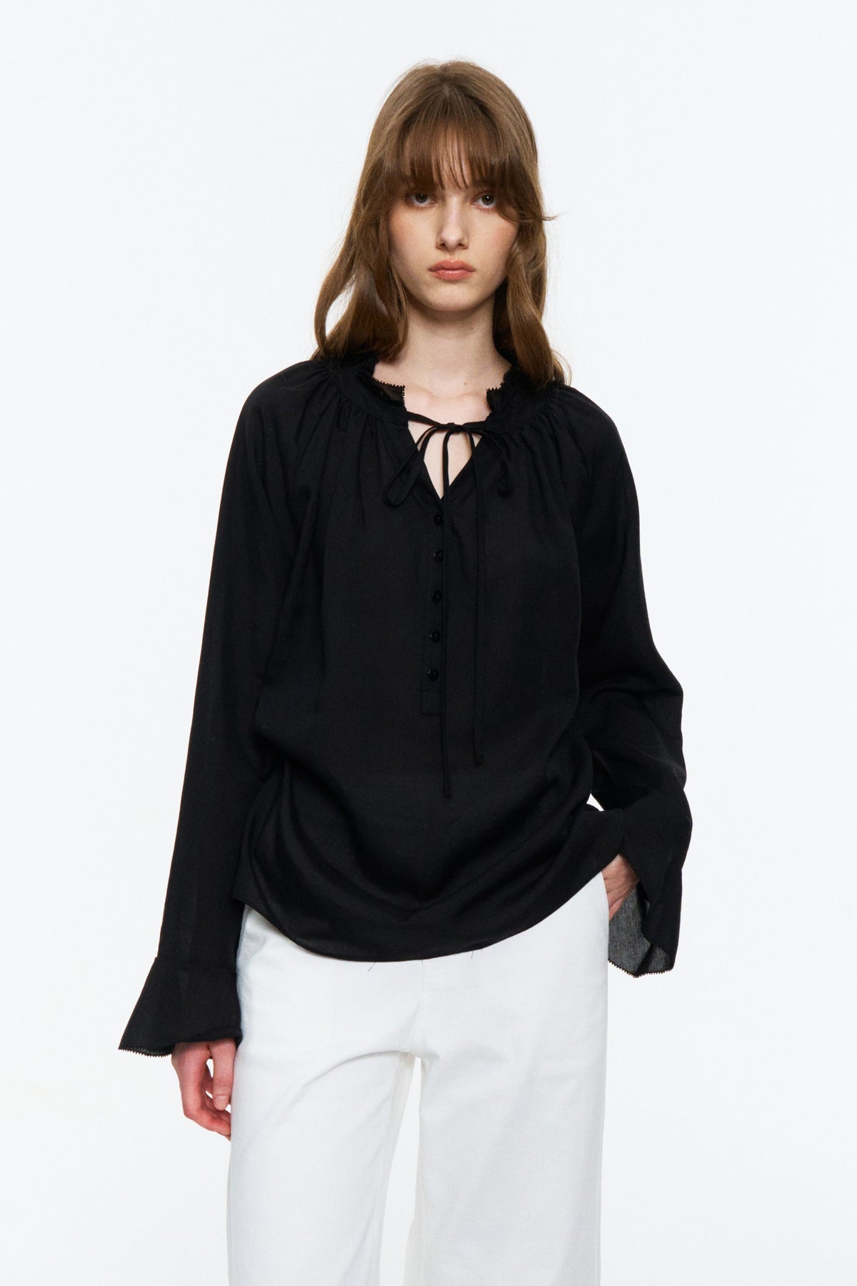 Lyocell-Ramie Tie-Neck Shirt Black