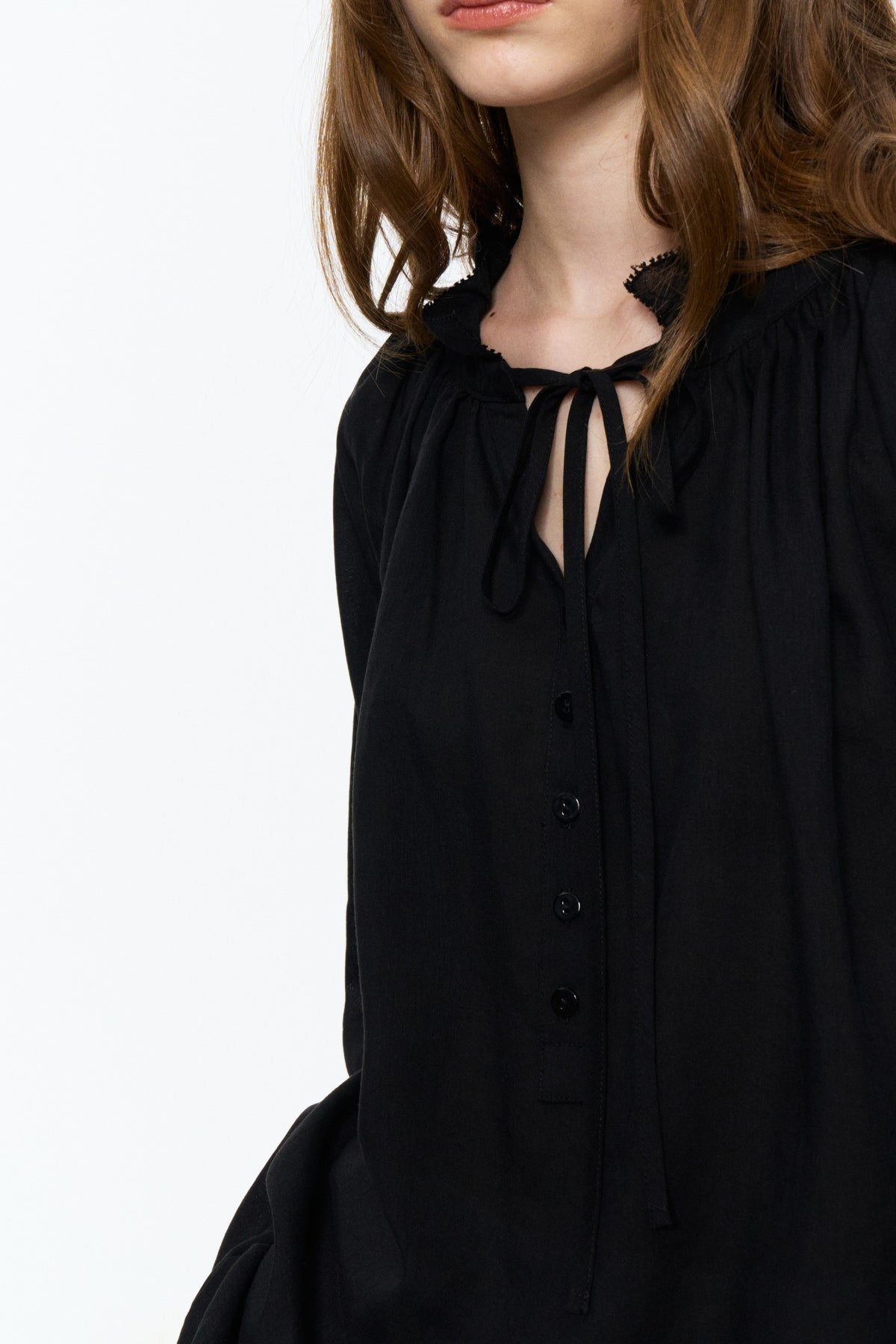 Lyocell-Ramie Tie-Neck Shirt Black