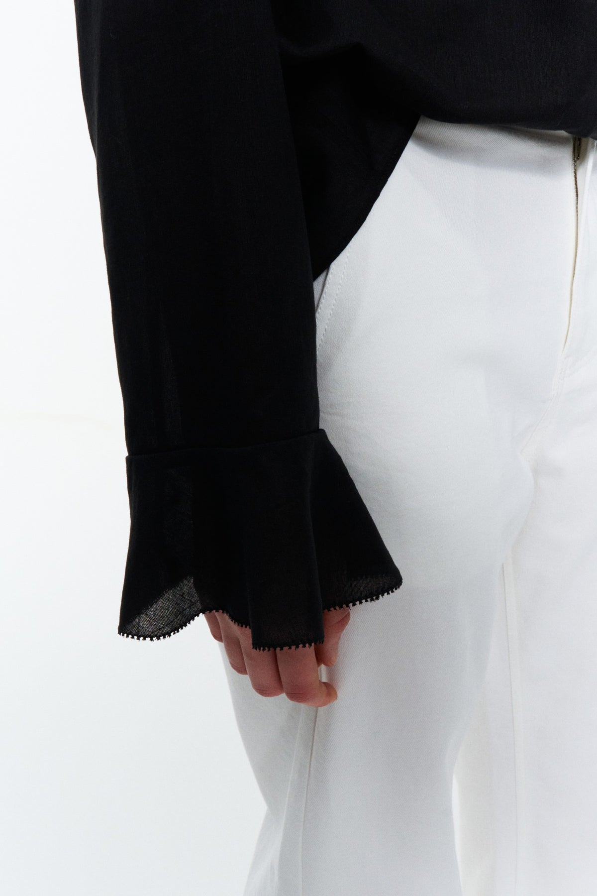 Lyocell-Ramie Tie-Neck Shirt Black