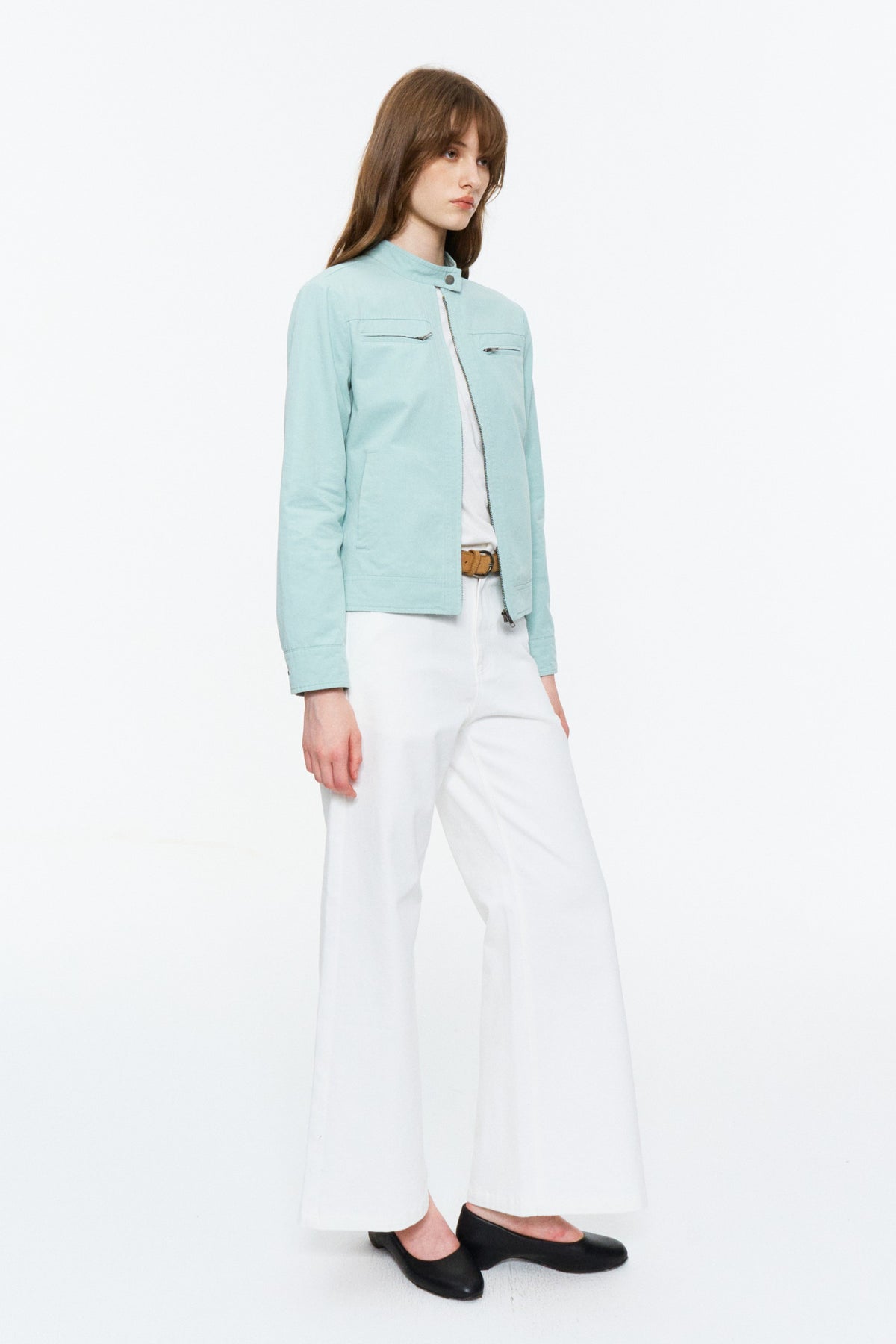 Cropped Stand-Collar Moto Jacket Spring Green