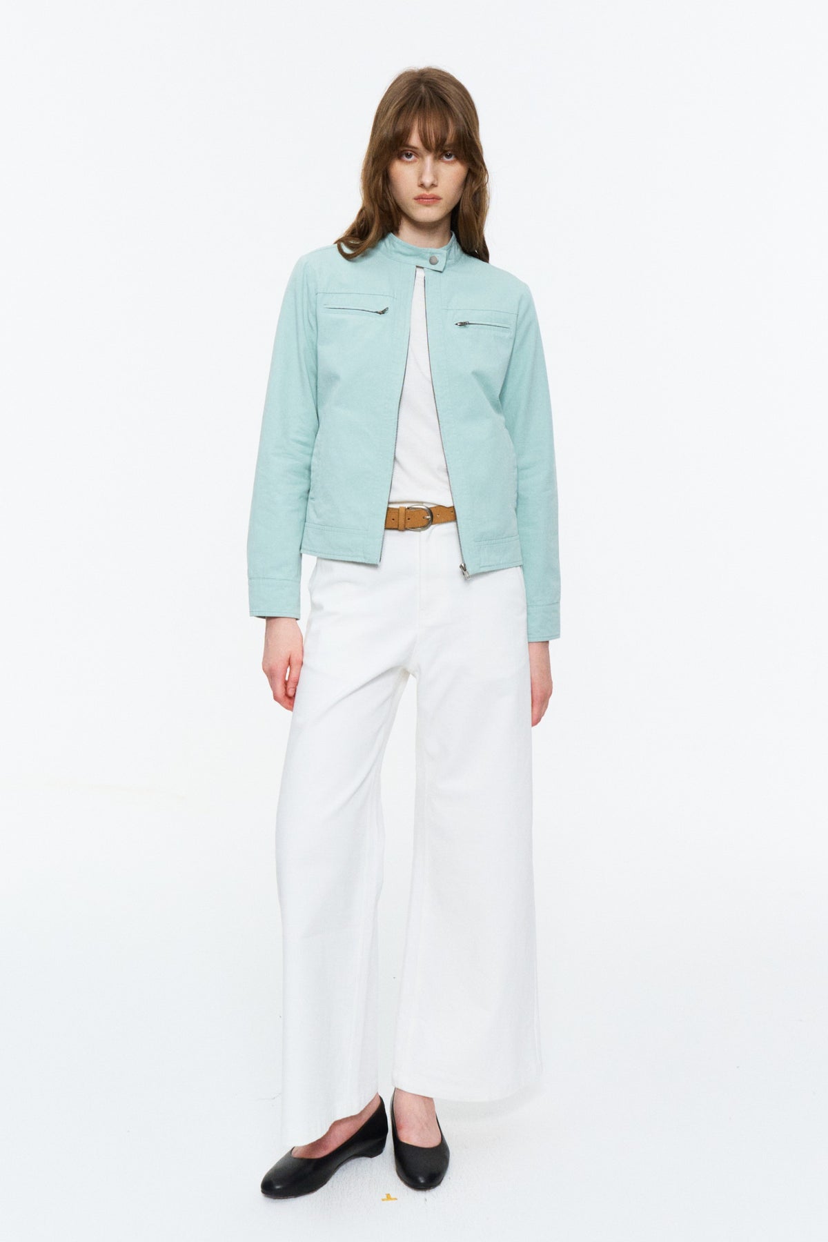 Cropped Stand-Collar Moto Jacket Spring Green