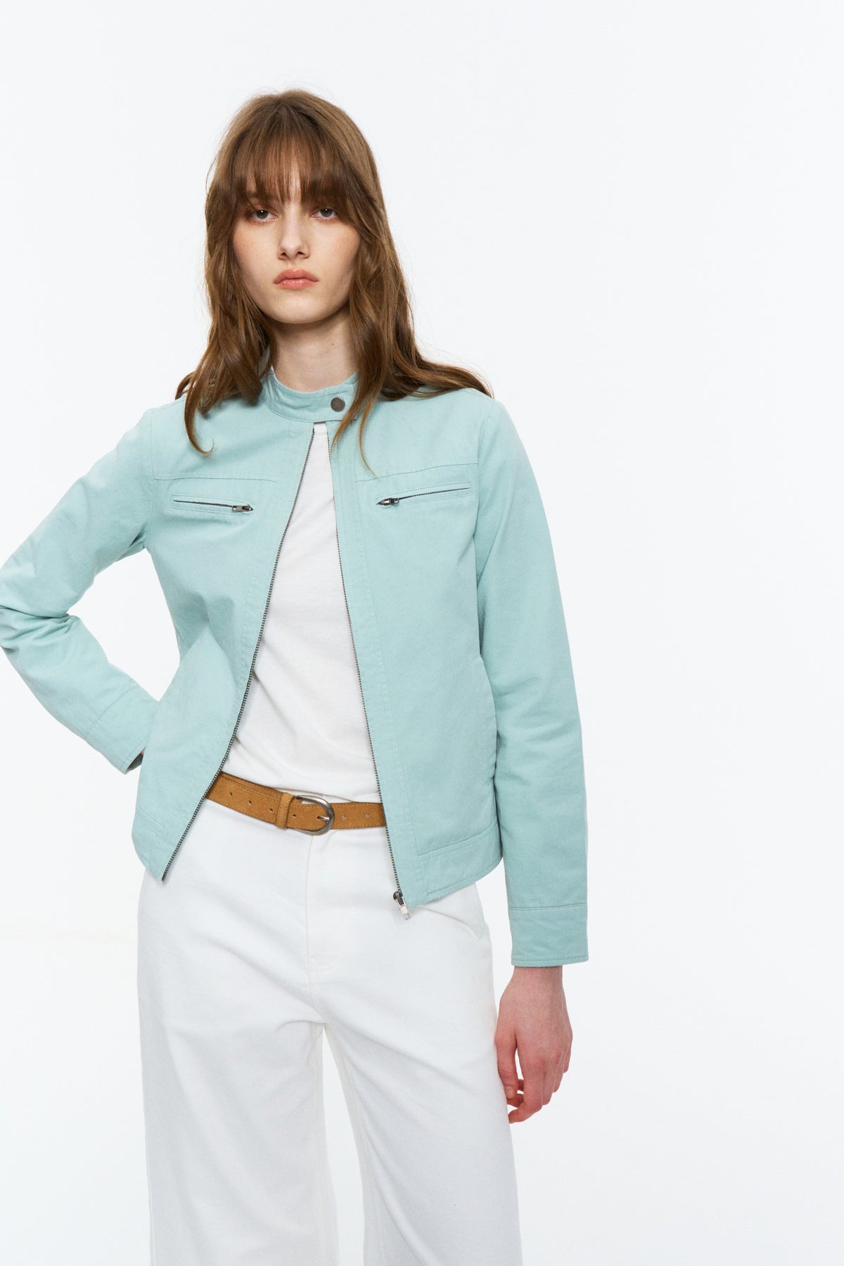Cropped Stand-Collar Moto Jacket Spring Green