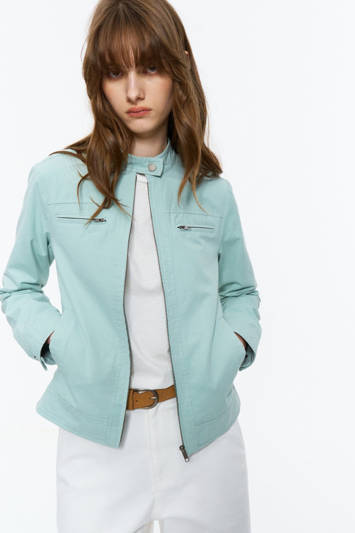 Cropped Stand-Collar Moto Jacket Spring Green