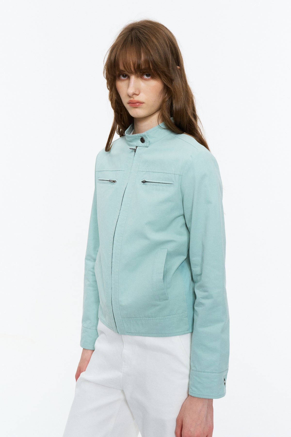 Cropped Stand-Collar Moto Jacket Spring Green