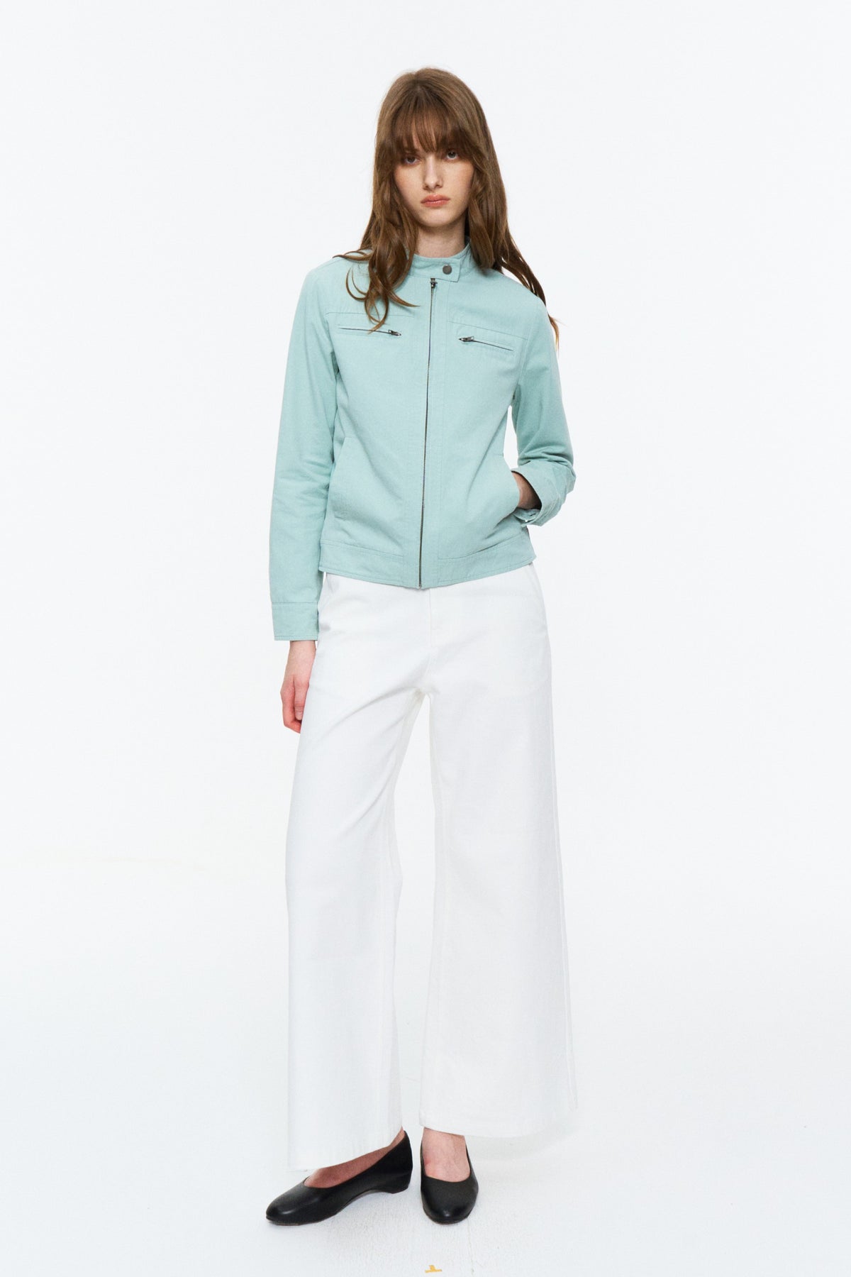 Cropped Stand-Collar Moto Jacket Spring Green