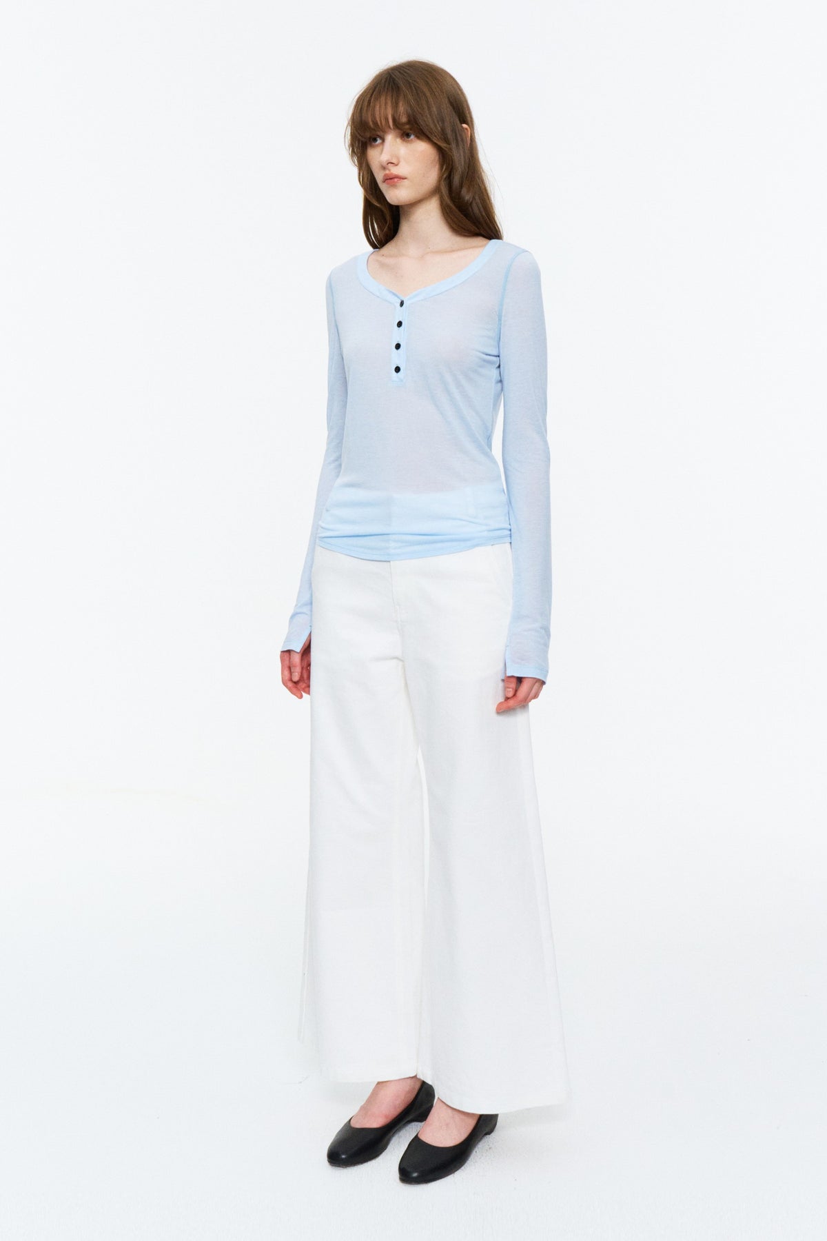 Sheer Henley V-Neck Long-Sleeve Top Light Blue