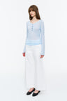 Sheer Henley V-Neck Long-Sleeve Top Light Blue