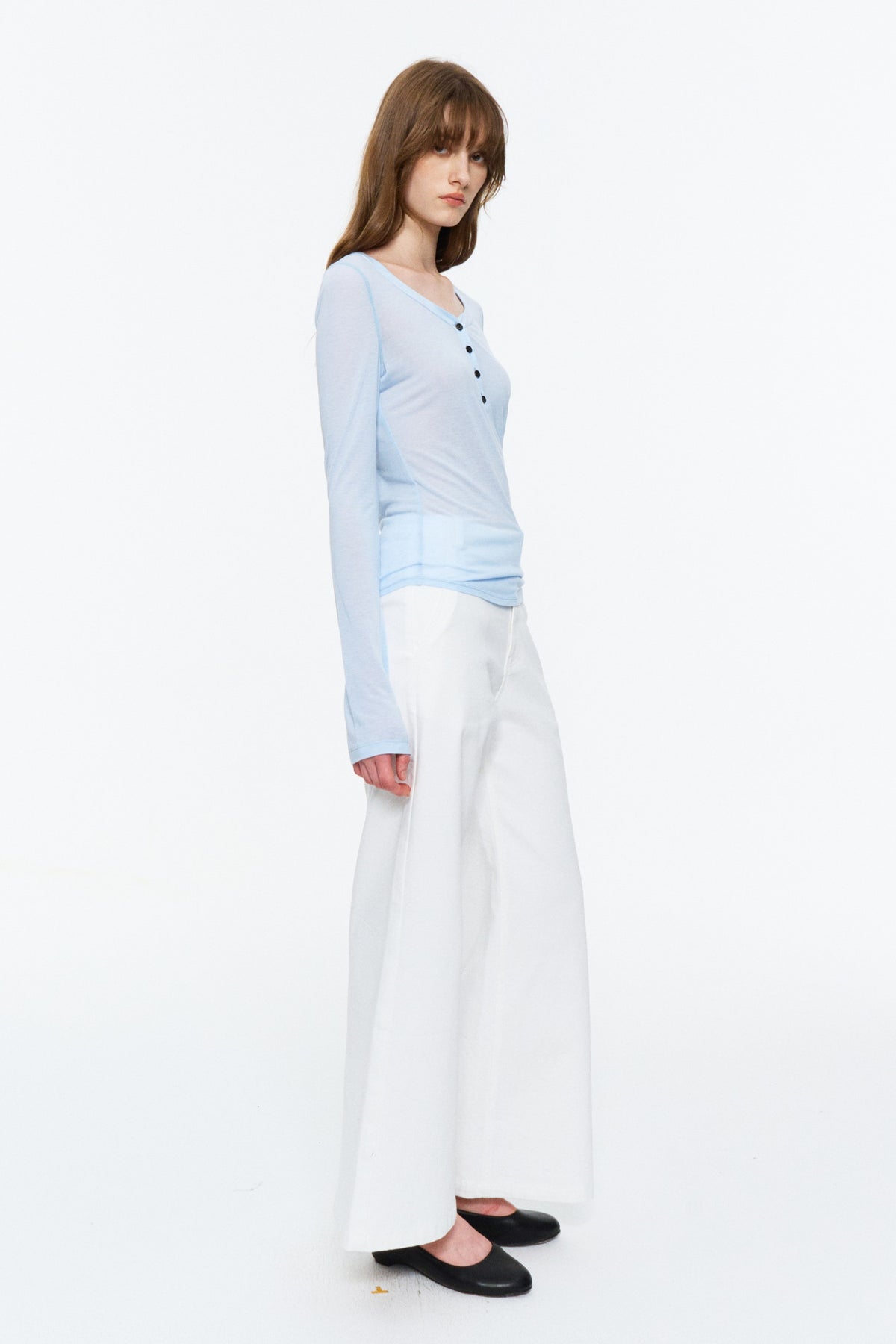 Sheer Henley V-Neck Long-Sleeve Top Light Blue