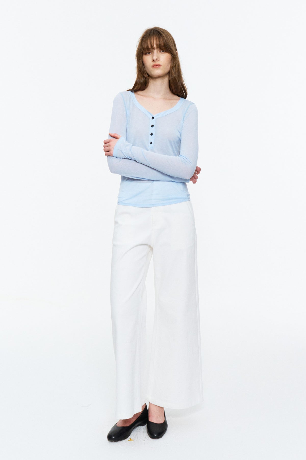 Sheer Henley V-Neck Long-Sleeve Top Light Blue