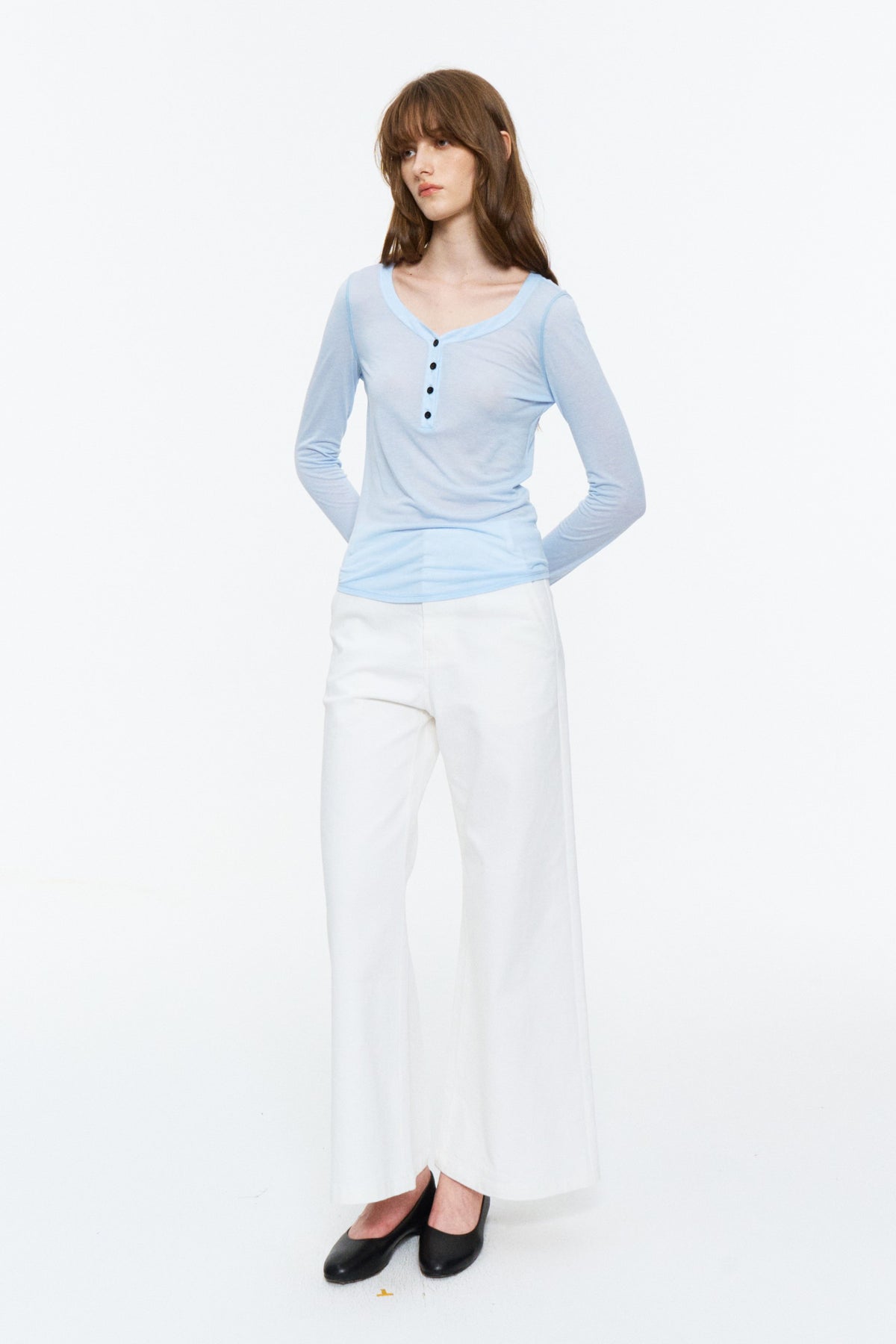 Sheer Henley V-Neck Long-Sleeve Top Light Blue