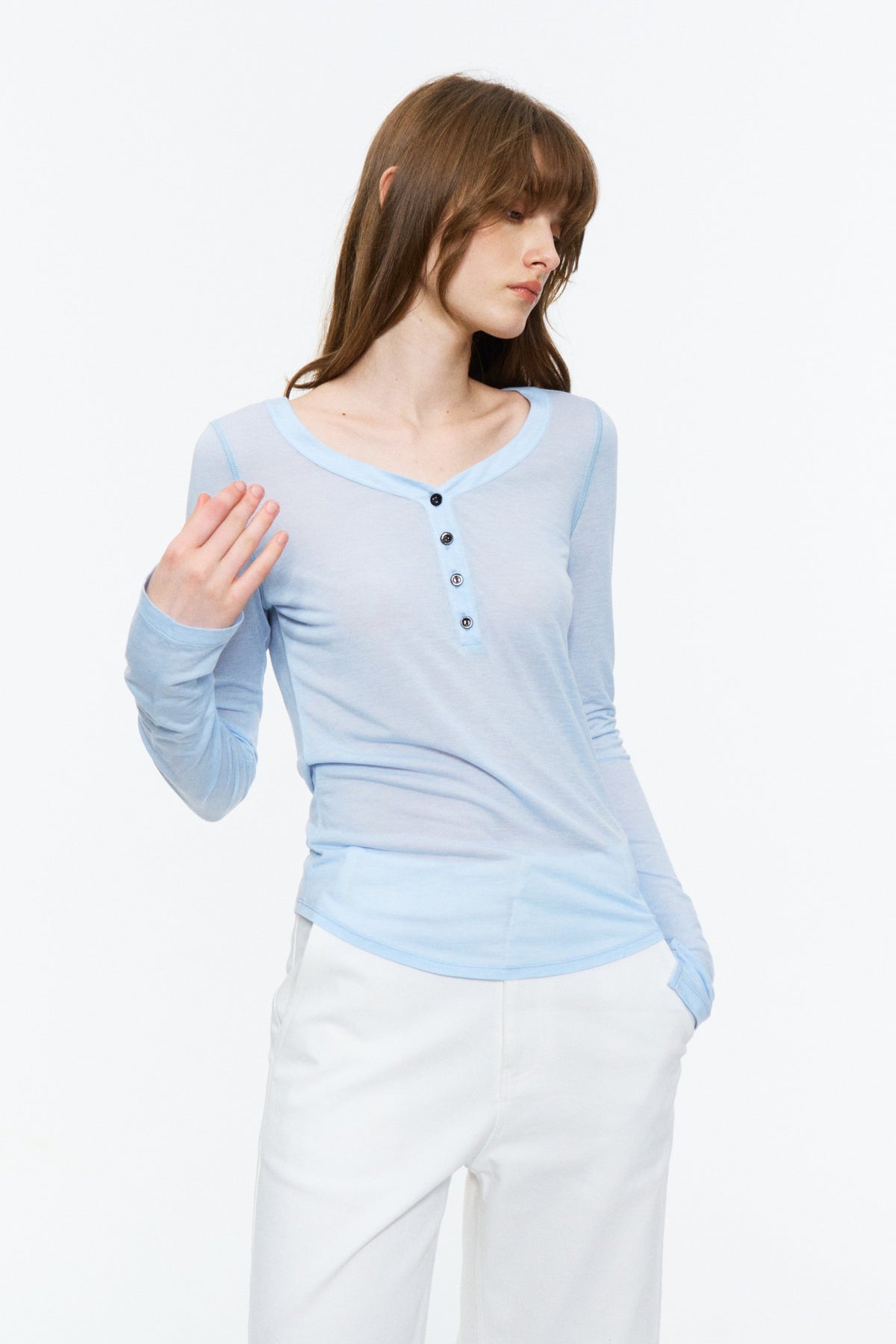 Sheer Henley V-Neck Long-Sleeve Top Light Blue