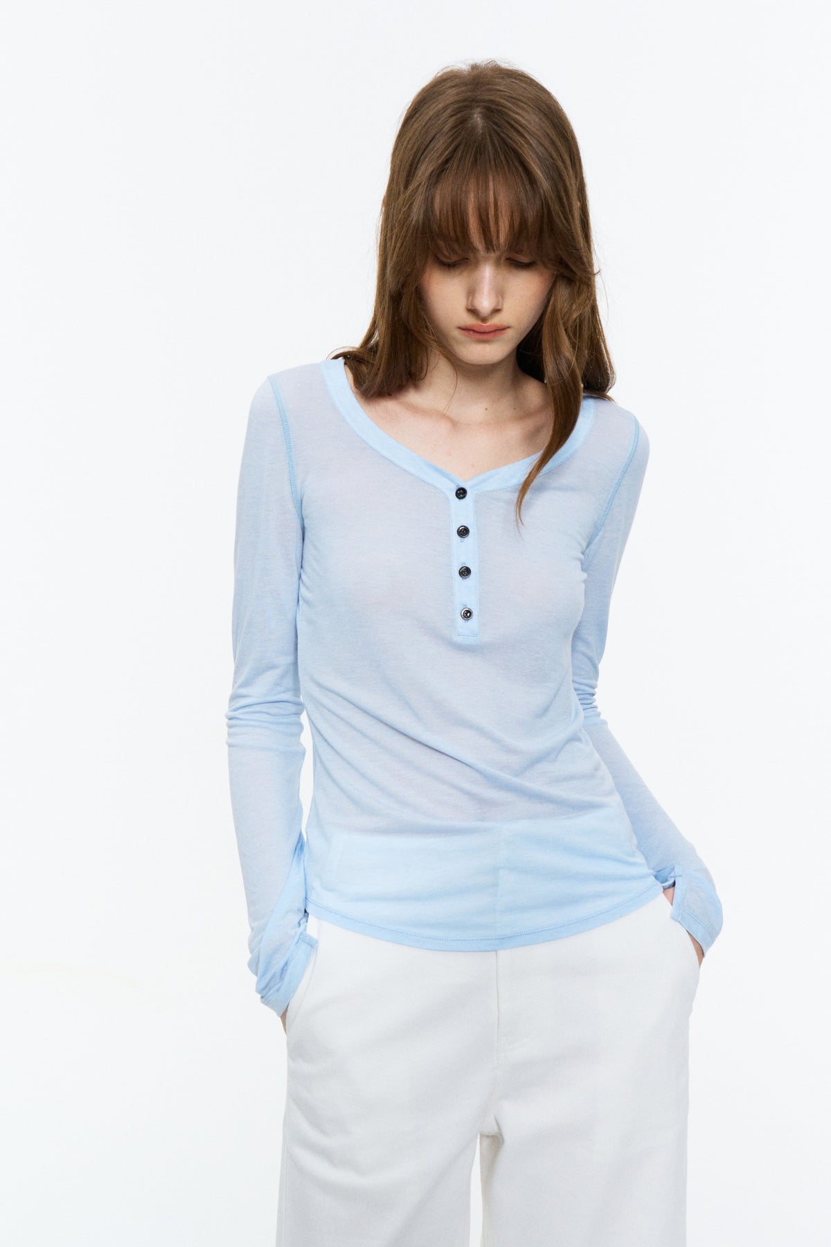 Sheer Henley V-Neck Long-Sleeve Top Light Blue