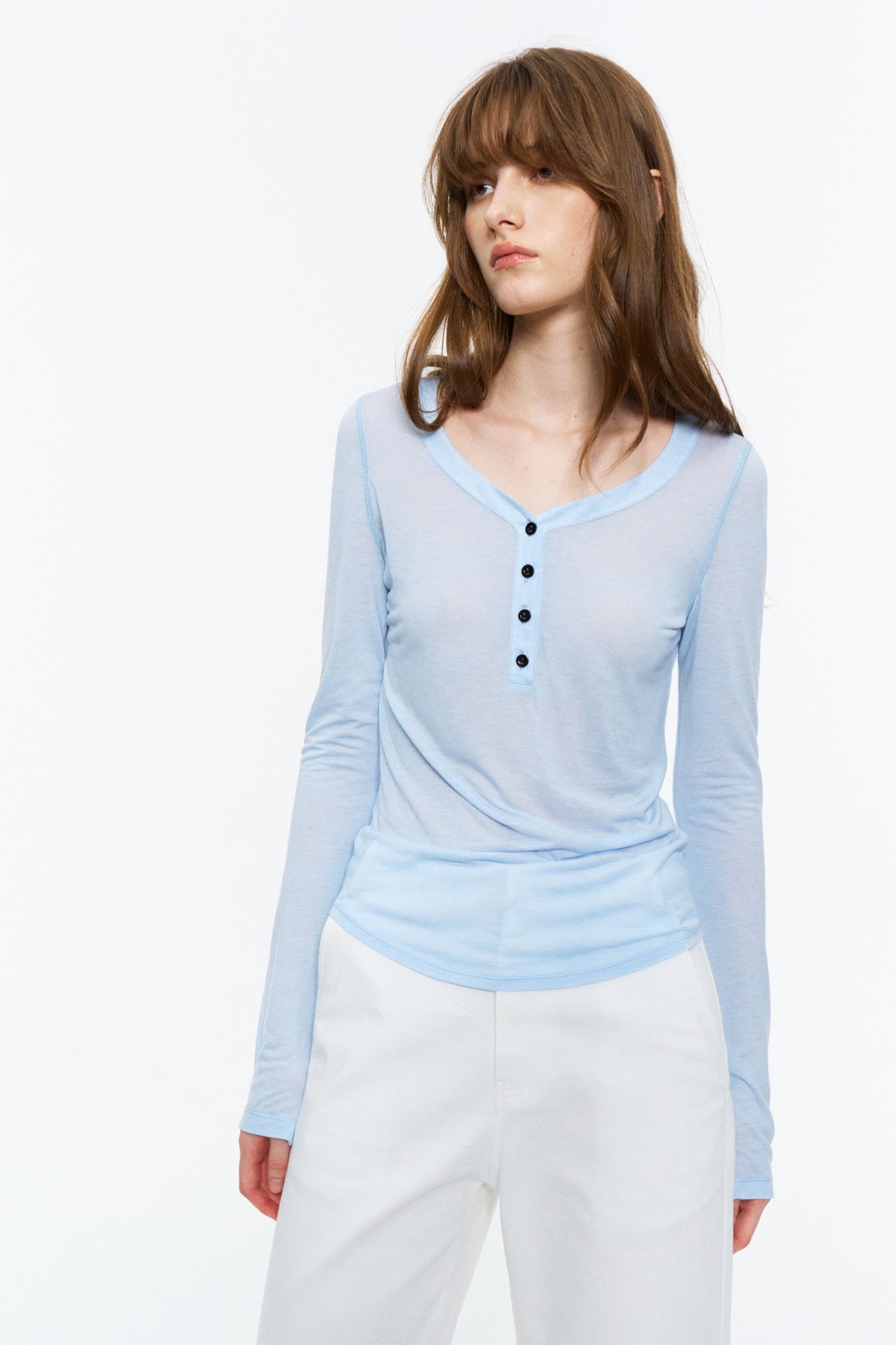 Sheer Henley V-Neck Long-Sleeve Top Light Blue