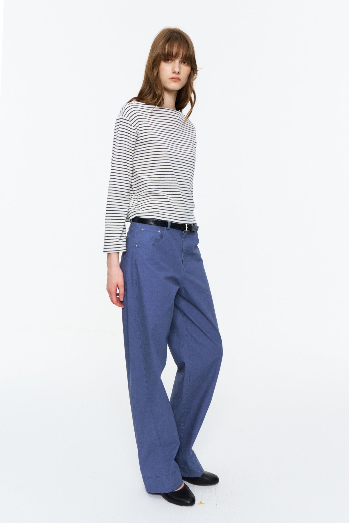 Boat-Neck Striped Bracelet-Sleeve Top Blue and White Stripe