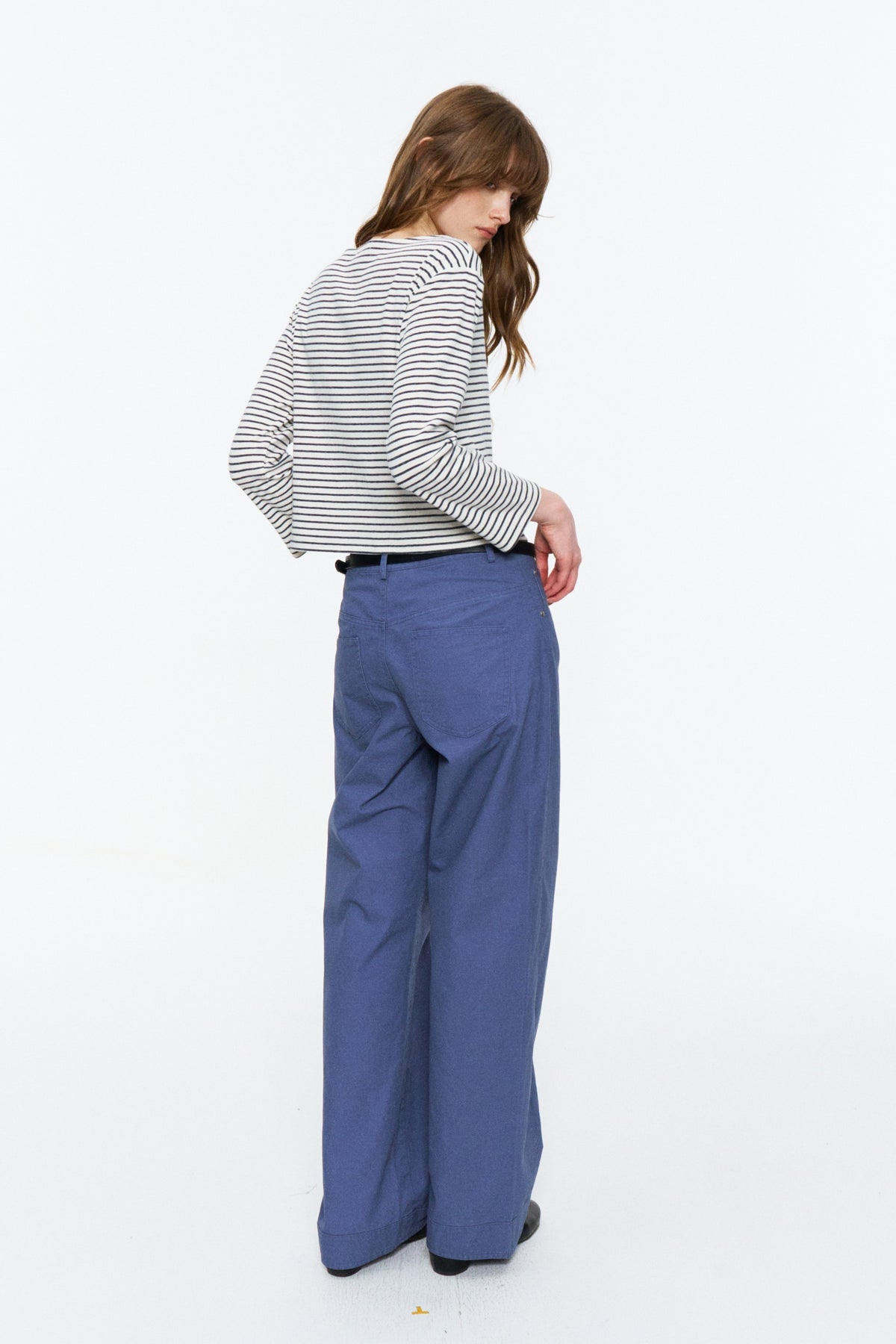 Boat-Neck Striped Bracelet-Sleeve Top Blue and White Stripe