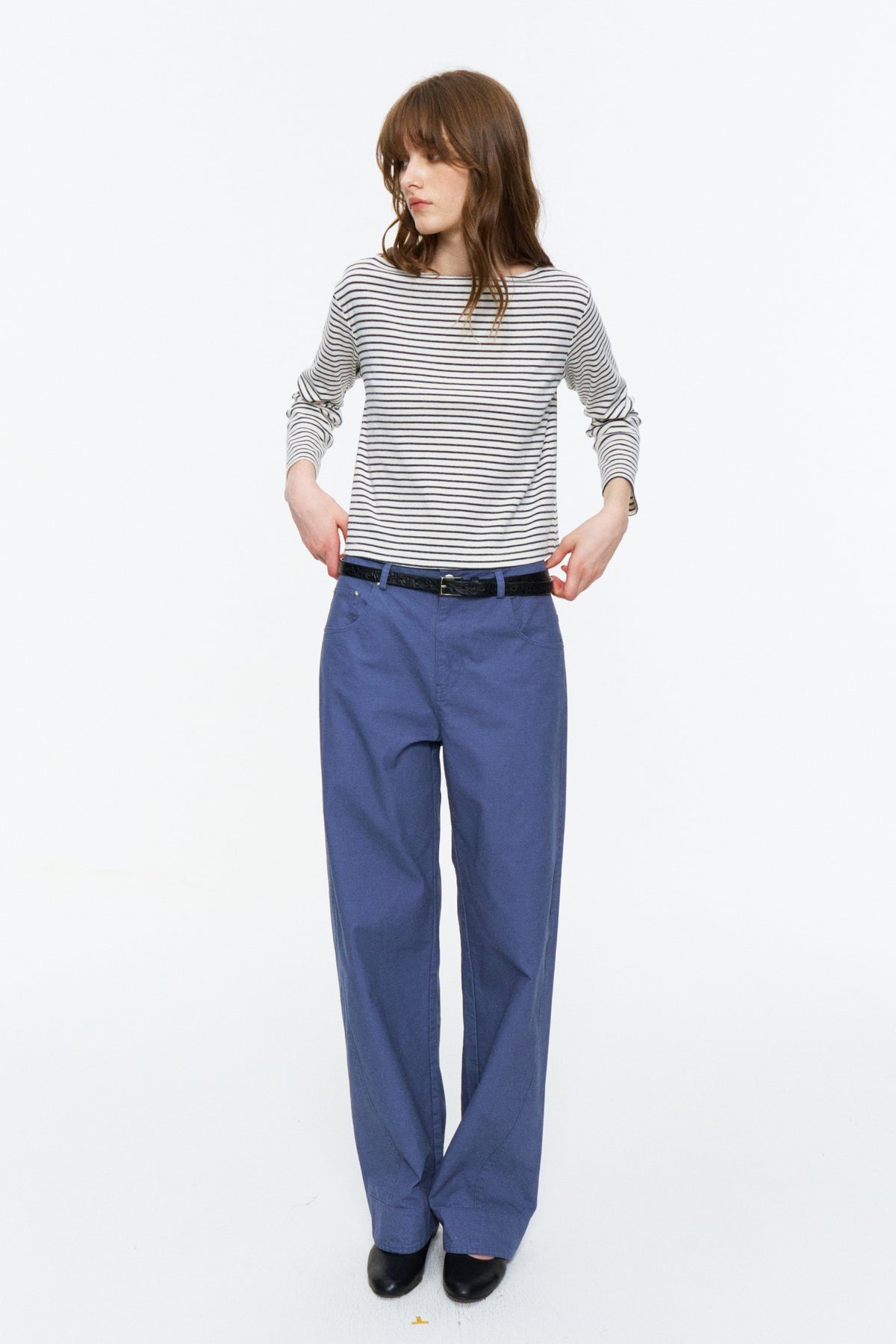 Boat-Neck Striped Bracelet-Sleeve Top Blue and White Stripe