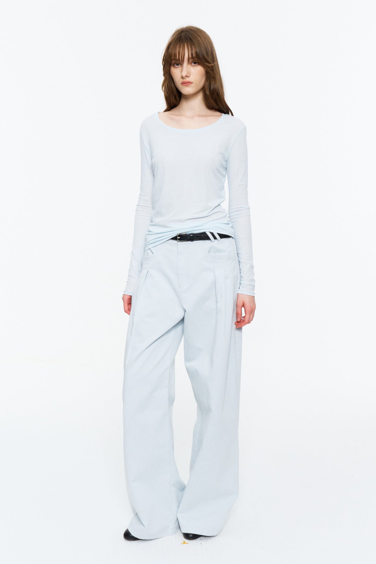 Lightweight Wide U-Neck Fitted Long-Sleeve Tee Light Blue