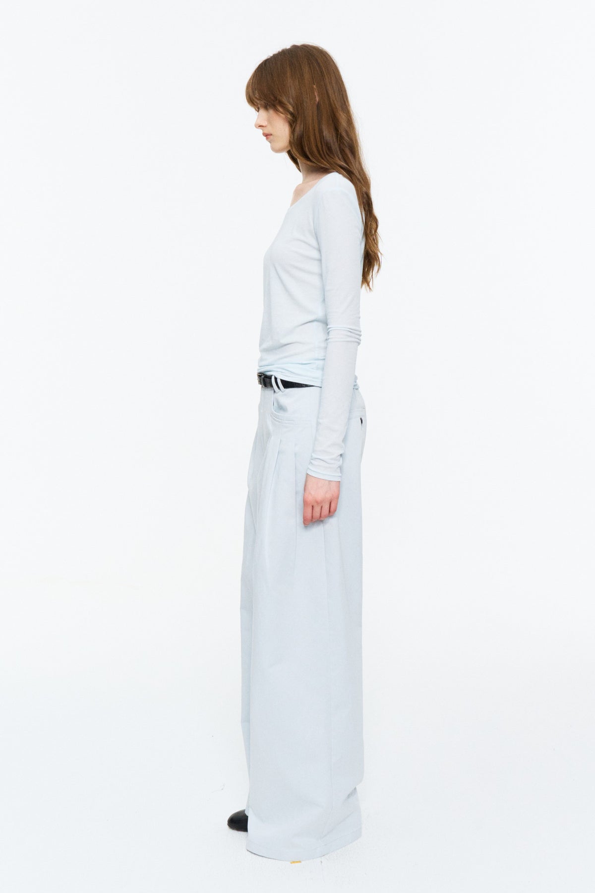Mid-Low Rise Pleated Curved-Leg Pants Light Blue