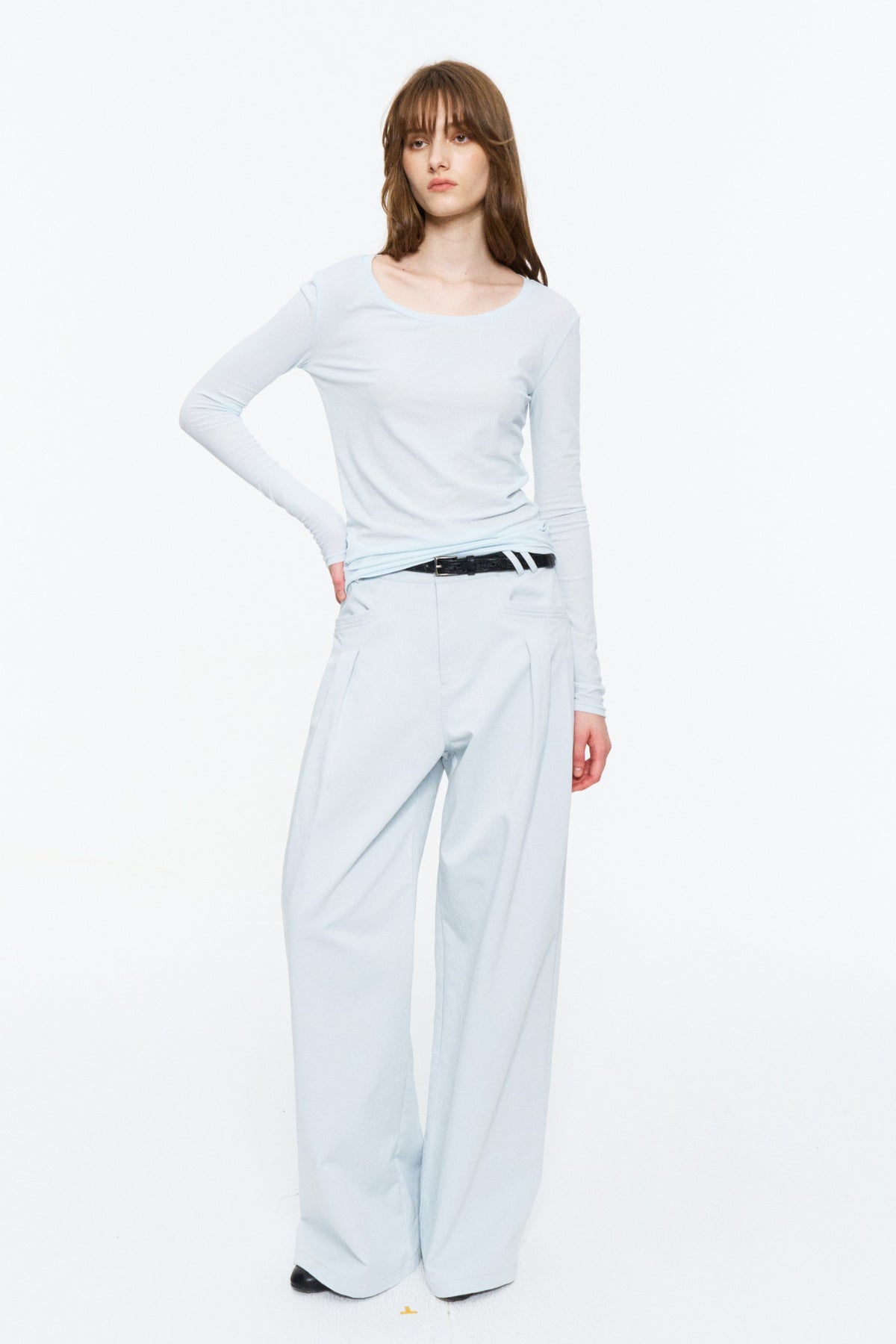 Lightweight Wide U-Neck Fitted Long-Sleeve Tee Light Blue