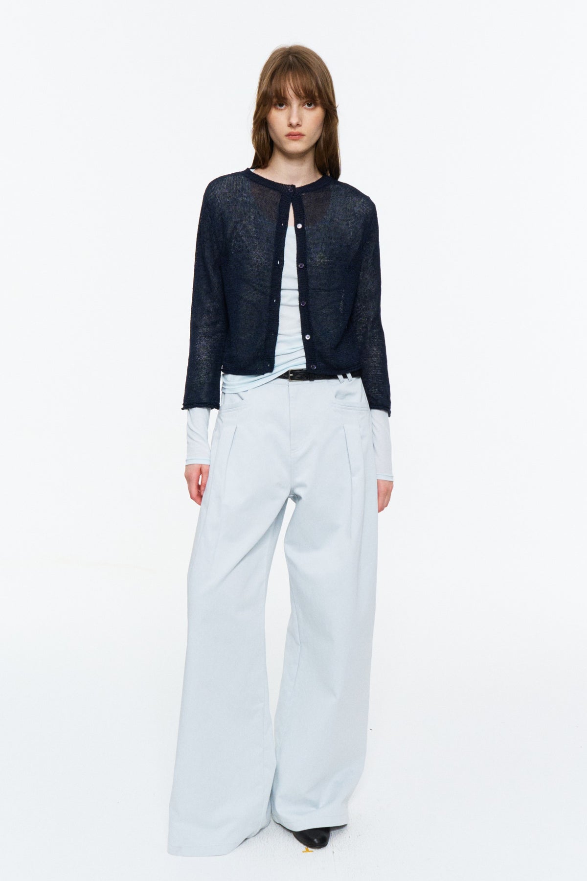 Mid-Low Rise Pleated Curved-Leg Pants Light Blue