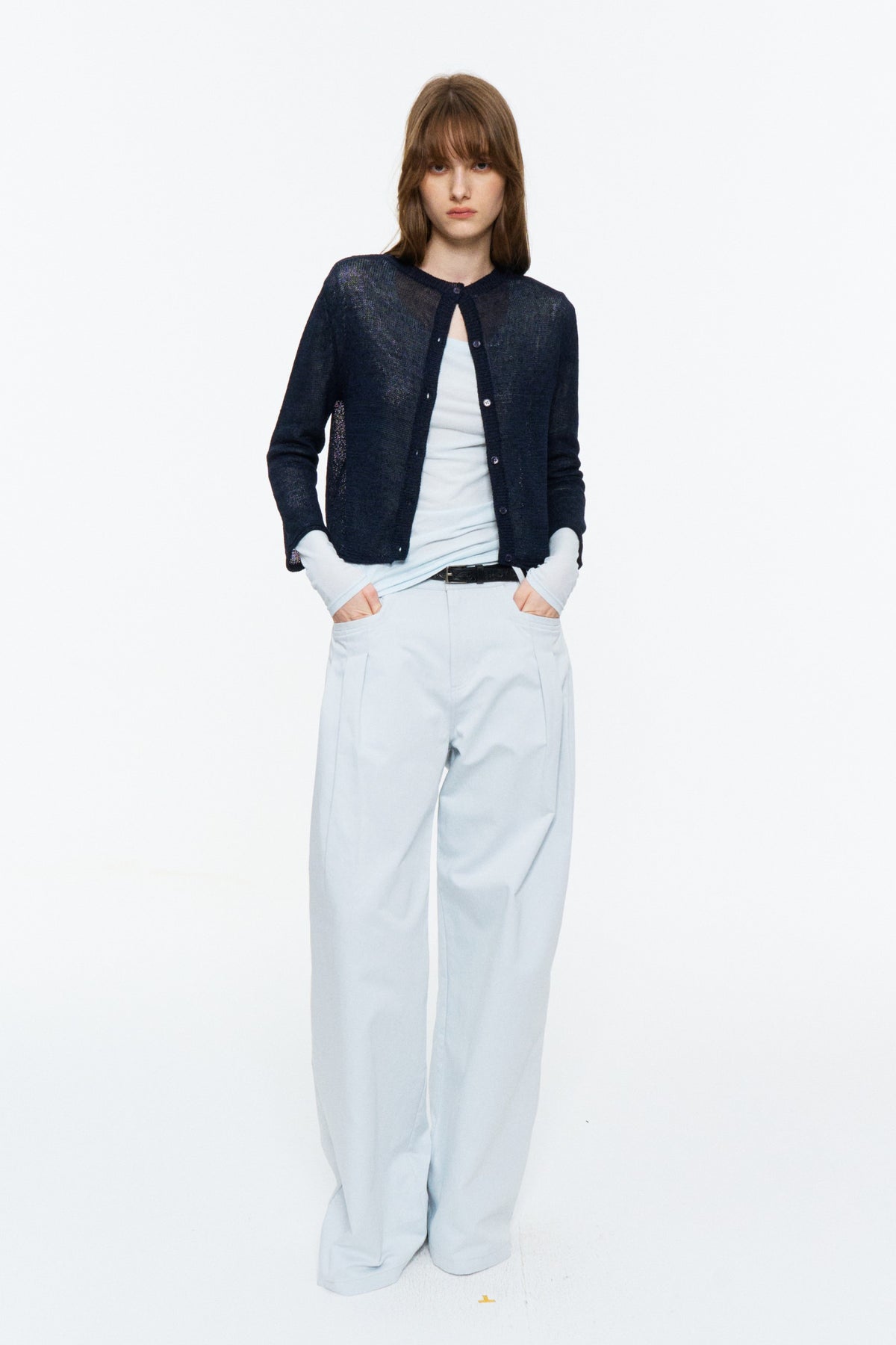 Paper-Yarn Bracelet-Sleeve Cardigan Deep Blue