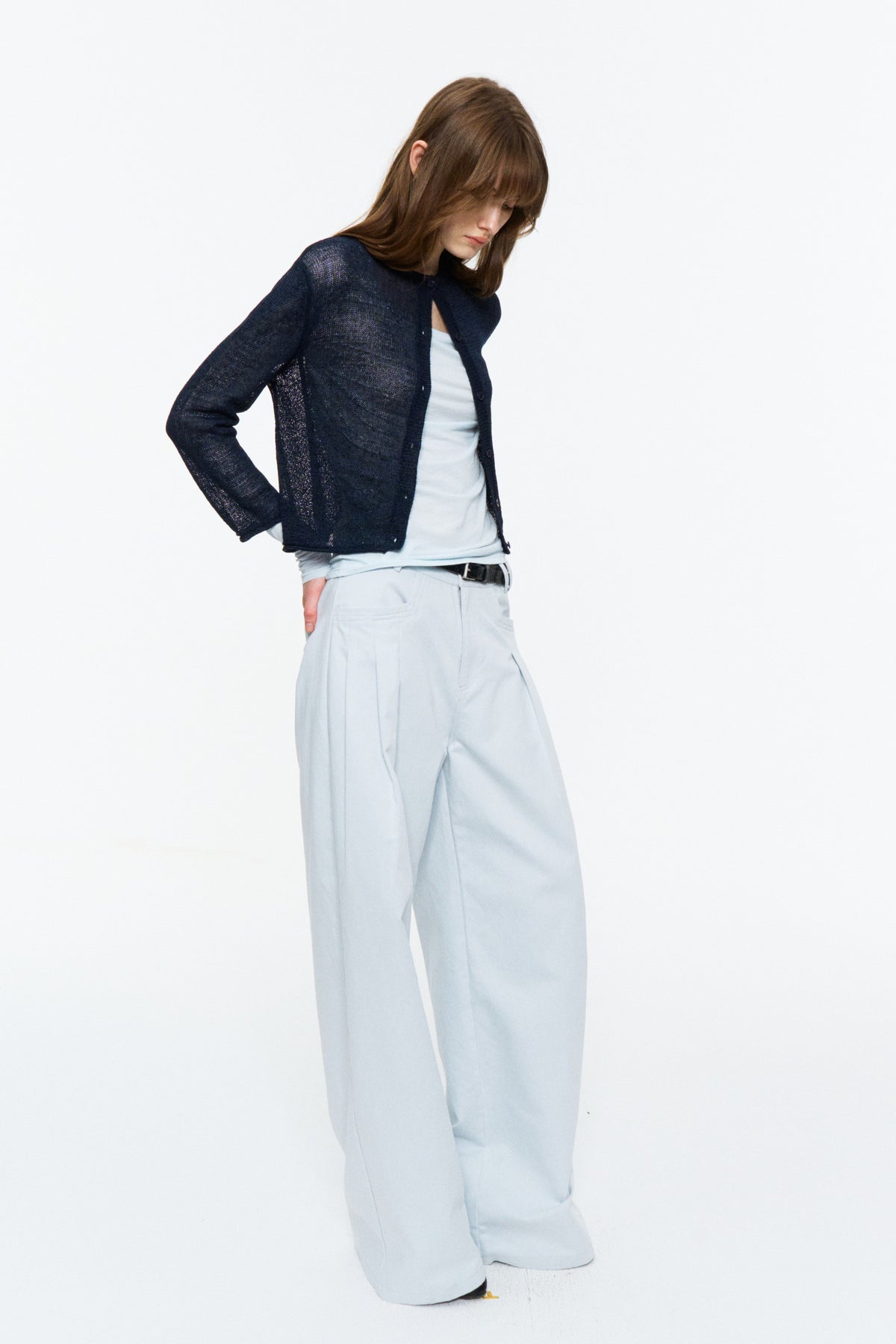 Paper-Yarn Bracelet-Sleeve Cardigan Deep Blue