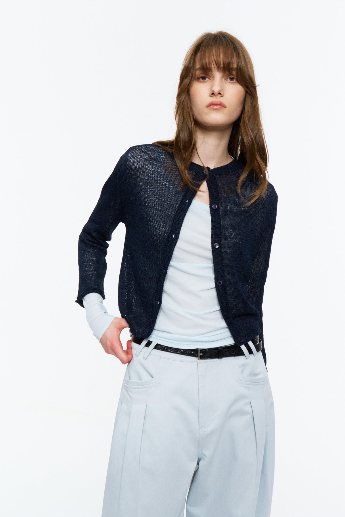 Paper-Yarn Bracelet-Sleeve Cardigan Deep Blue