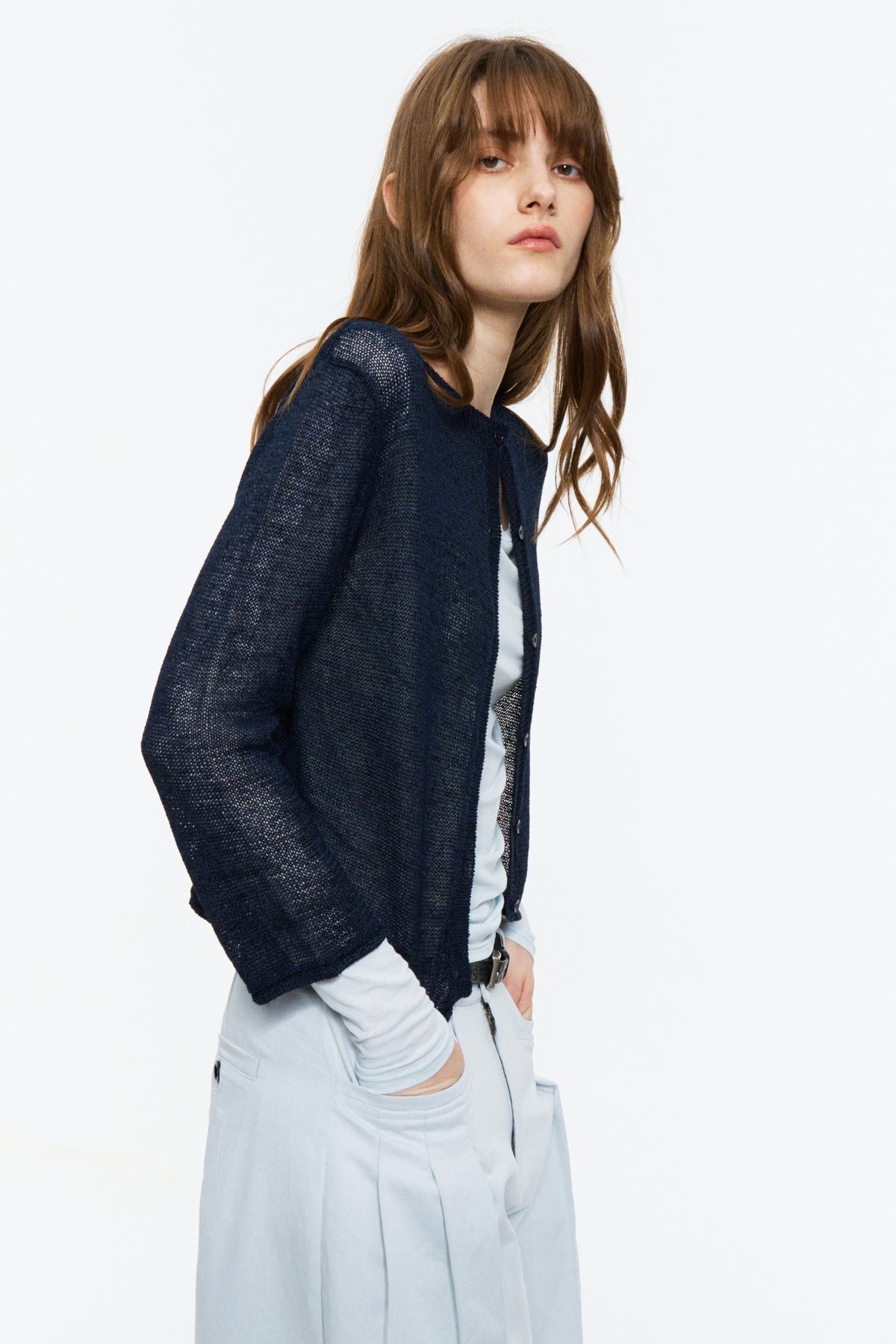 Paper-Yarn Bracelet-Sleeve Cardigan Deep Blue