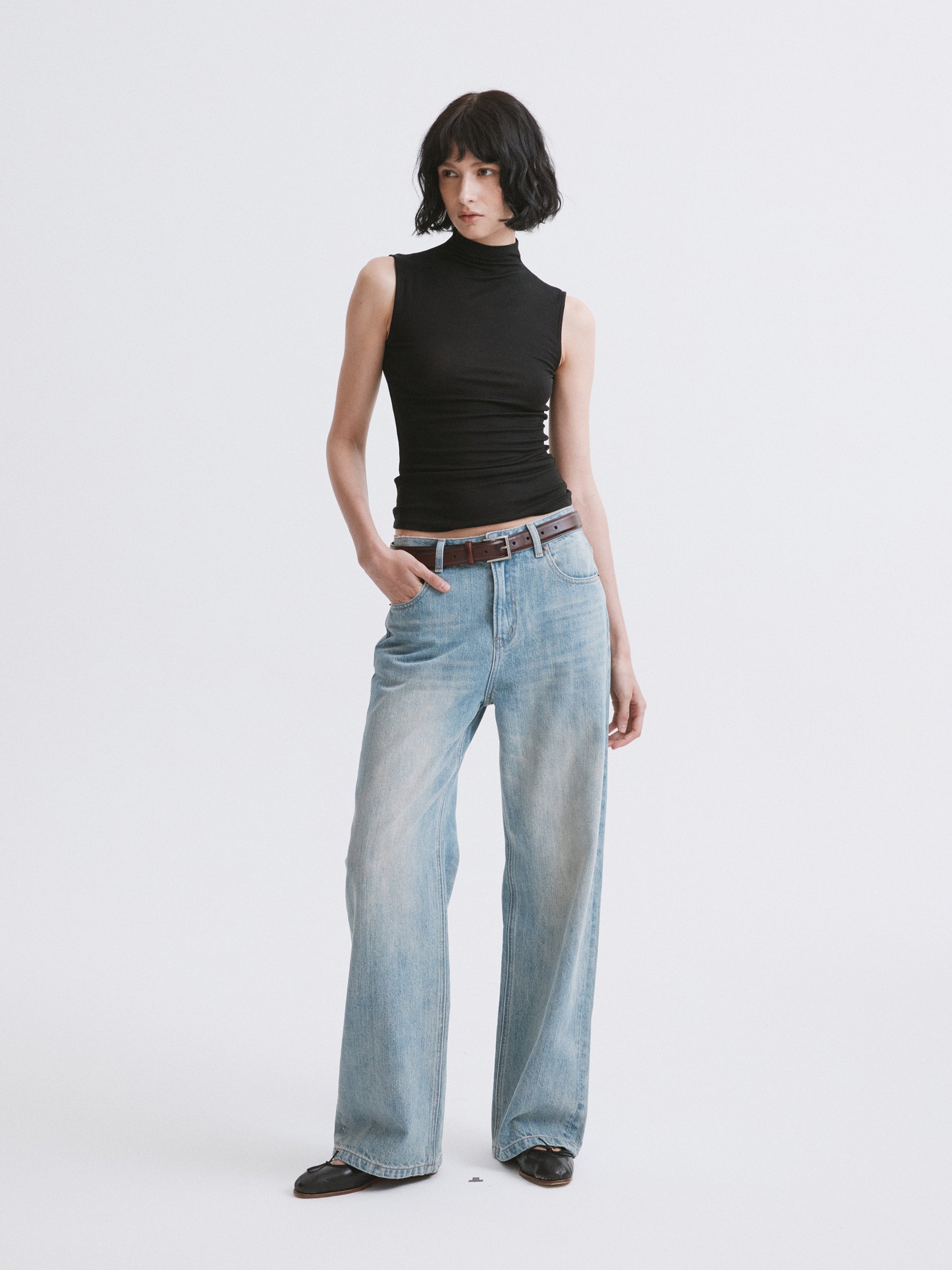 Mock Neck Knit Tank Top Black