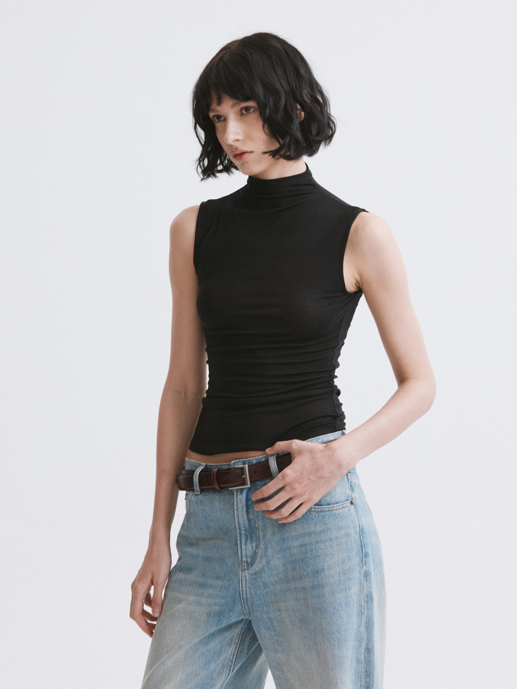 Mock Neck Knit Tank Top Black