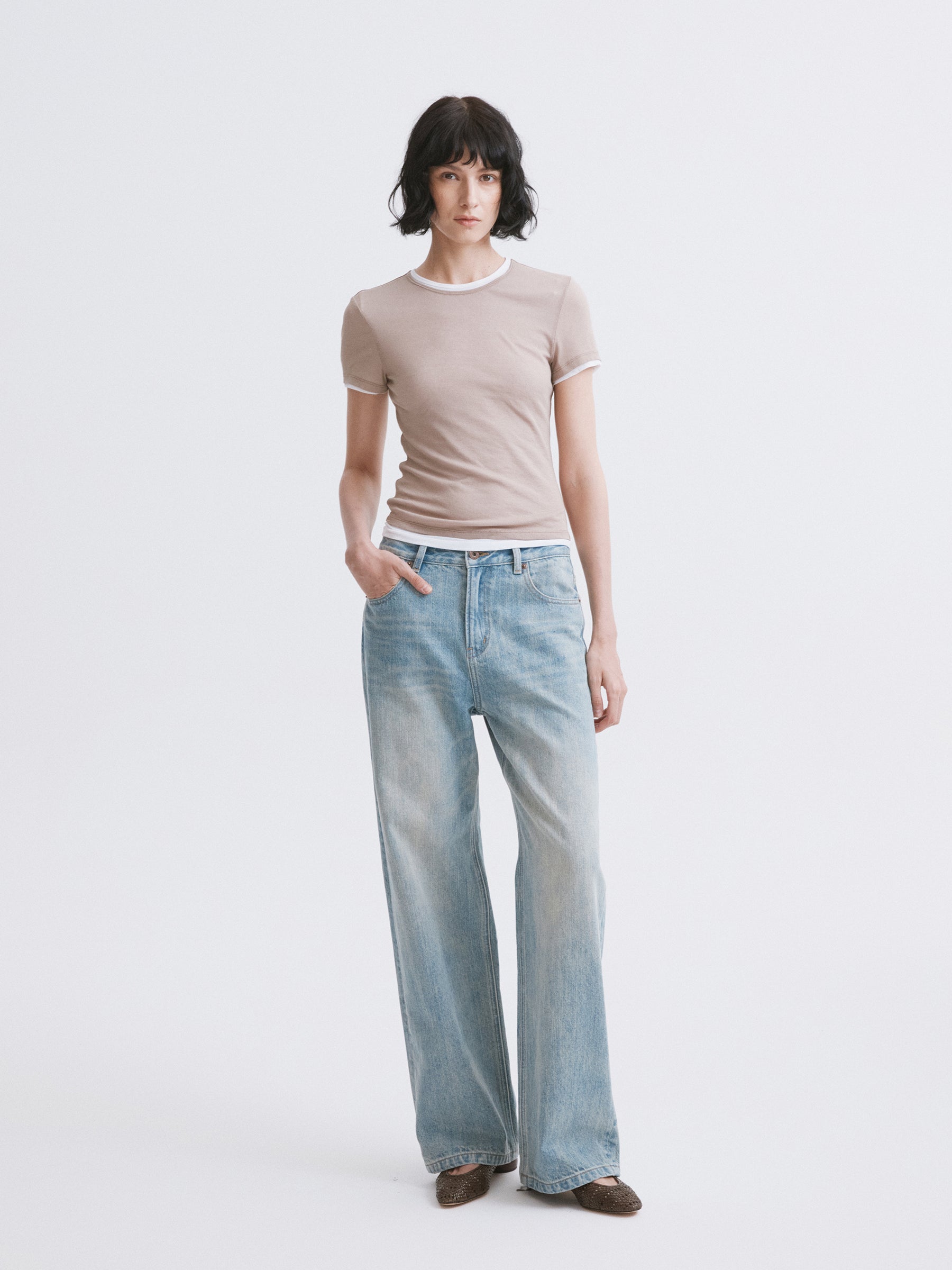 Lightweight Mock Two-Piece Color-Block T-Shirt Apricot