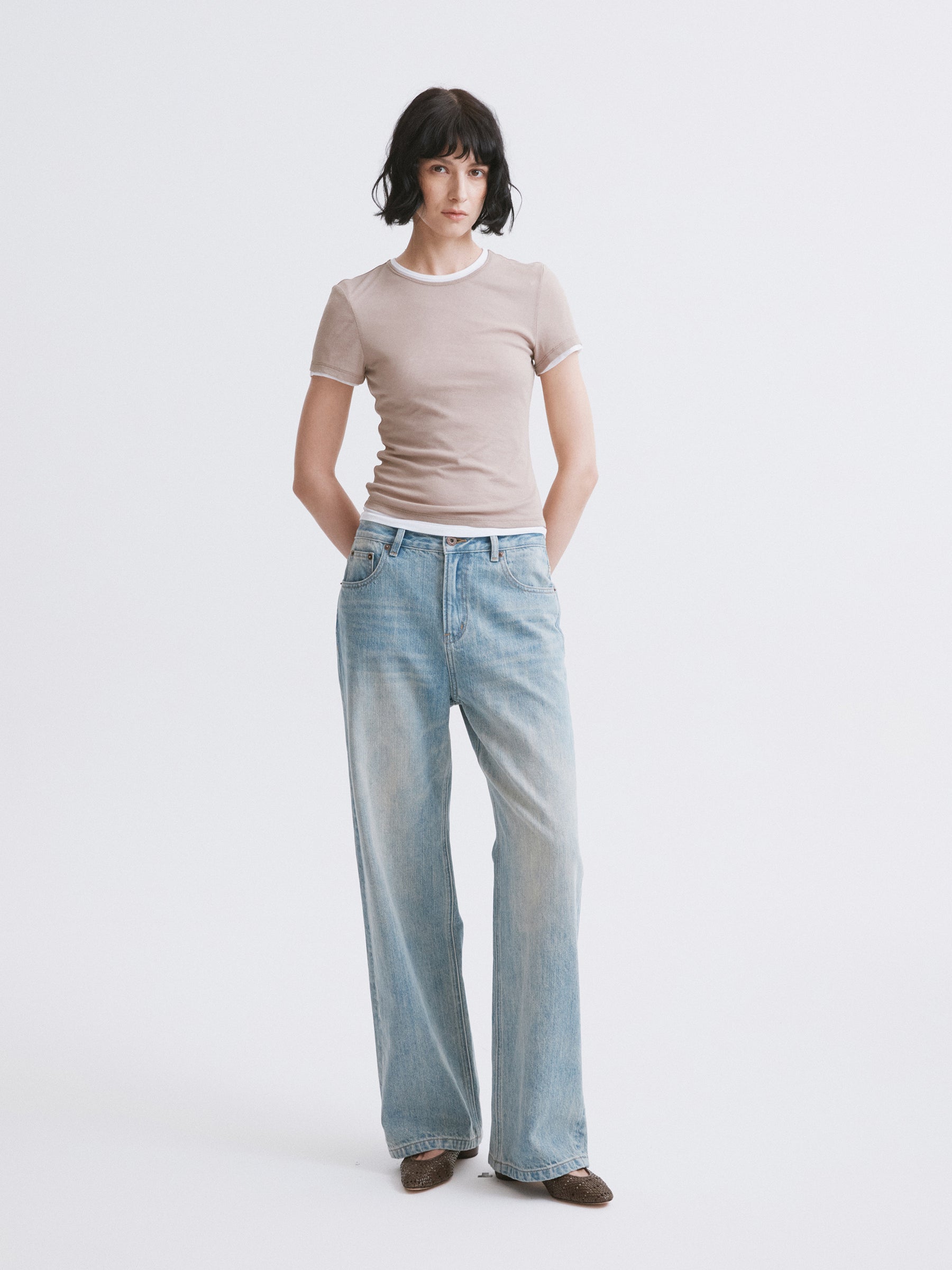 Lightweight Mock Two-Piece Color-Block T-Shirt Apricot