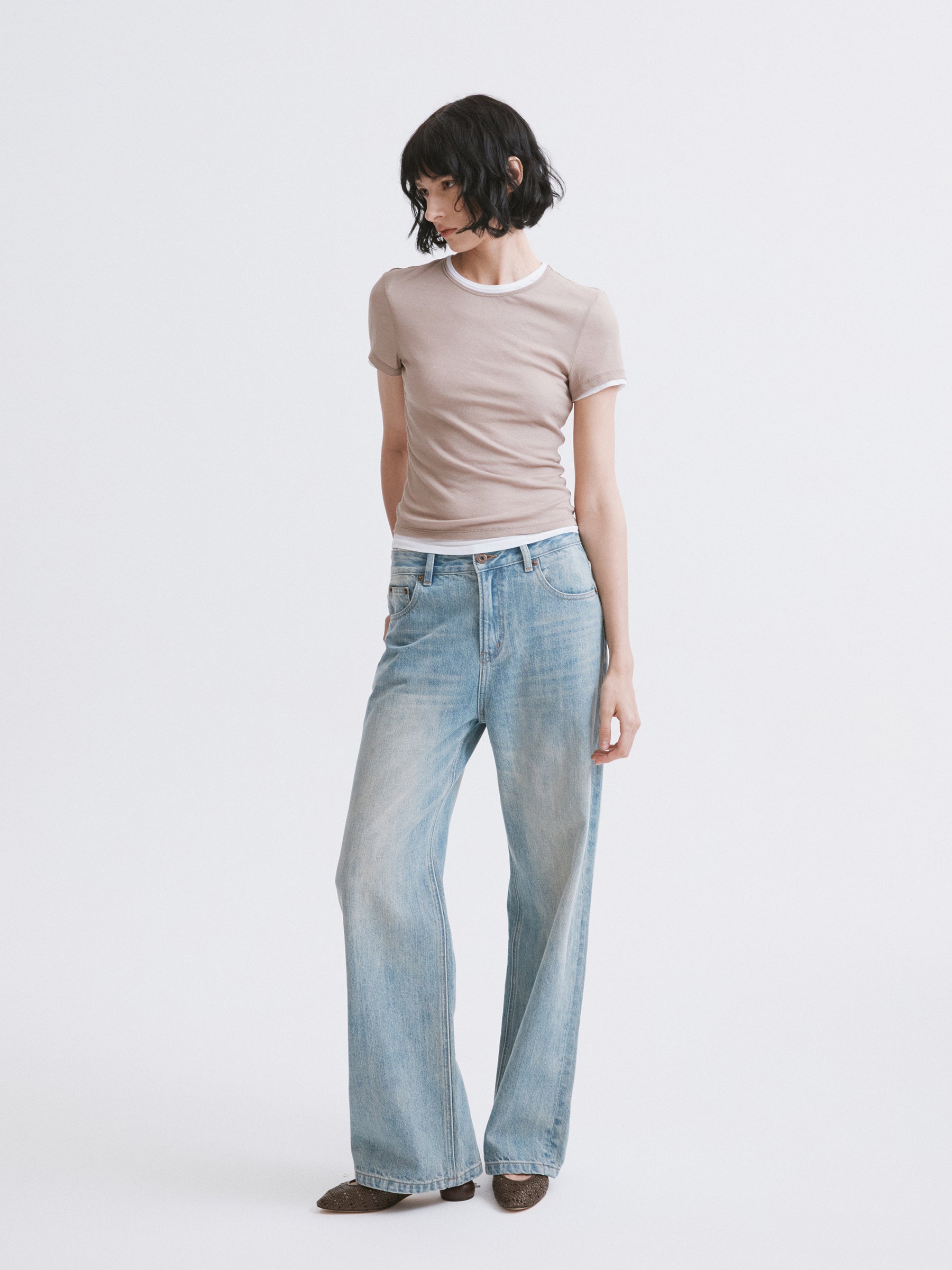 Lightweight Mock Two-Piece Color-Block T-Shirt Apricot
