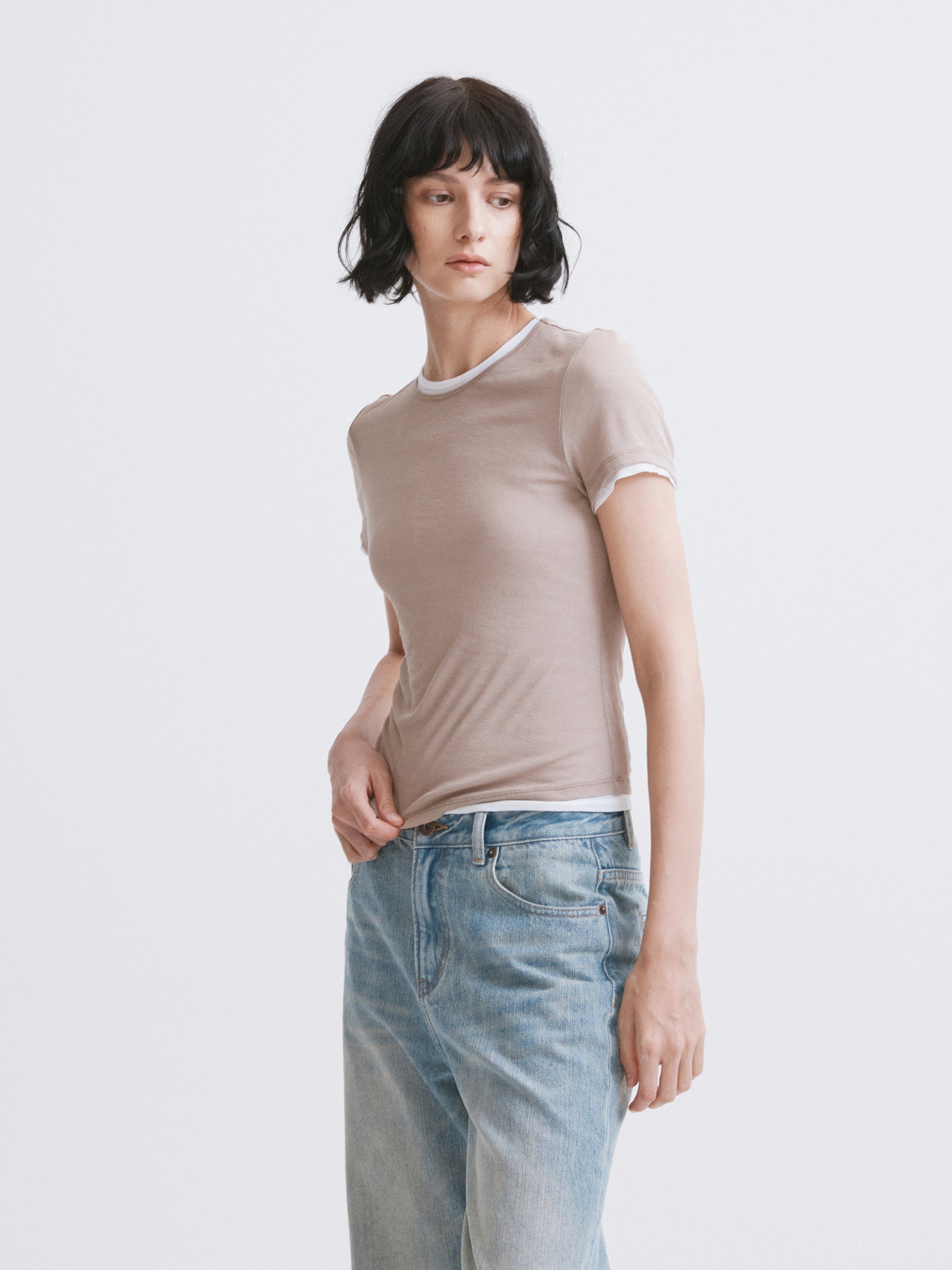 Lightweight Mock Two-Piece Color-Block T-Shirt Apricot